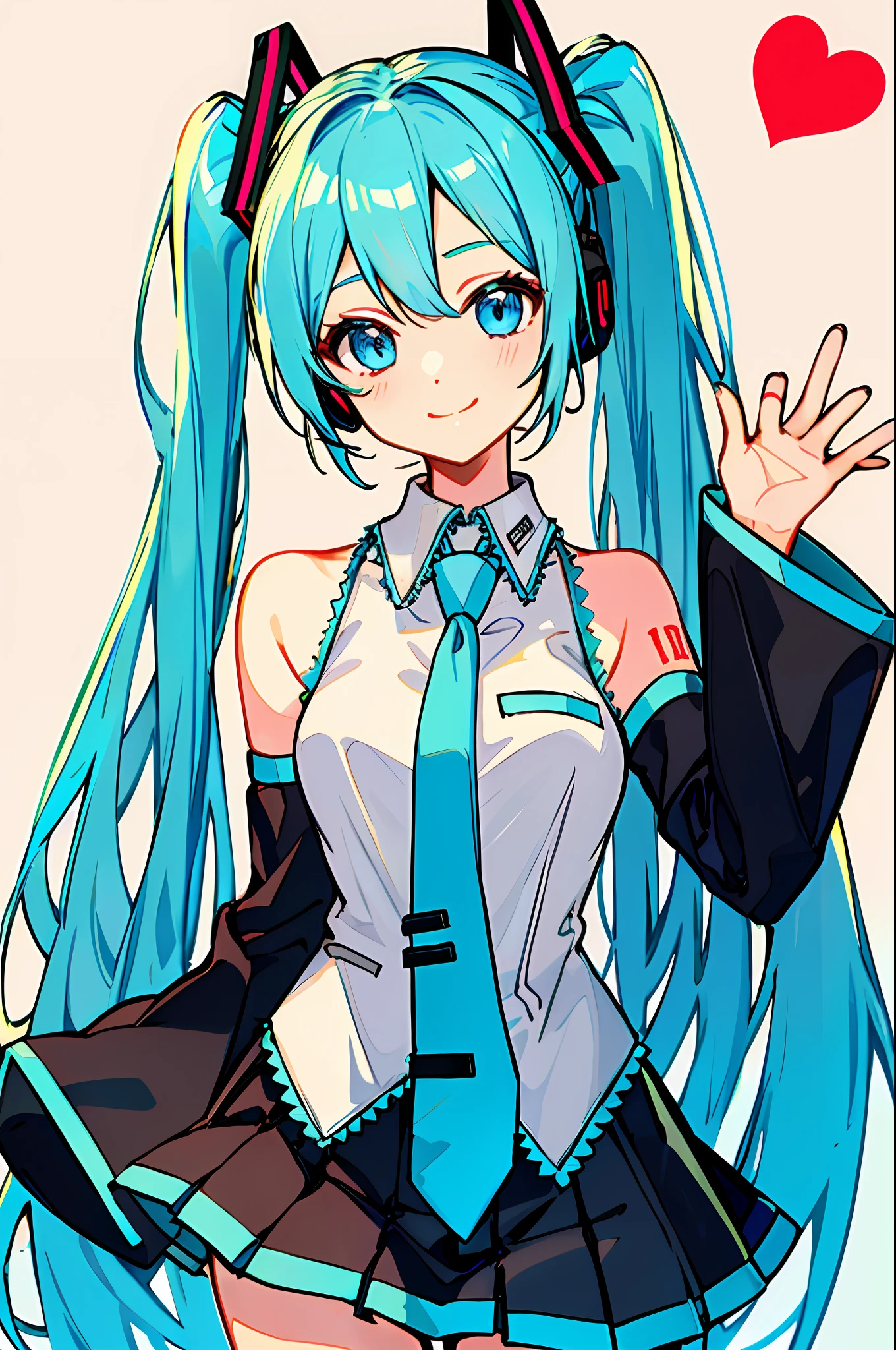 1girl, updo, skirt, bow, shirt, necktie, hatsune miku, detached sleeves, hair bow, black skirt, smile, pleated skirt, blue bow, collared shirt, ear bow, looking at viewer, black sleeves, cowboy shot, sleeveless shirt, hatsune miku (cosplay), cosplay, bangs, sleeveless, >_<, headphones, blue eyes, heart, closed mouth, hands up, white shirt, blue hair, aqua necktie, bare shoulders, long sleeves, aqua hair