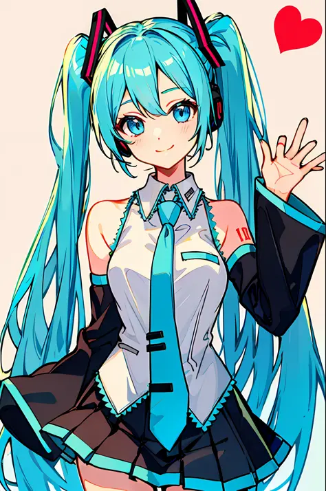 1girl, updo, skirt, bow, shirt, necktie, hatsune miku, detached sleeves, hair bow, black skirt, smile, pleated skirt, blue bow, collared shirt, ear bow, looking at viewer, black sleeves, cowboy shot, sleeveless shirt, hatsune miku (cosplay), cosplay, bangs...