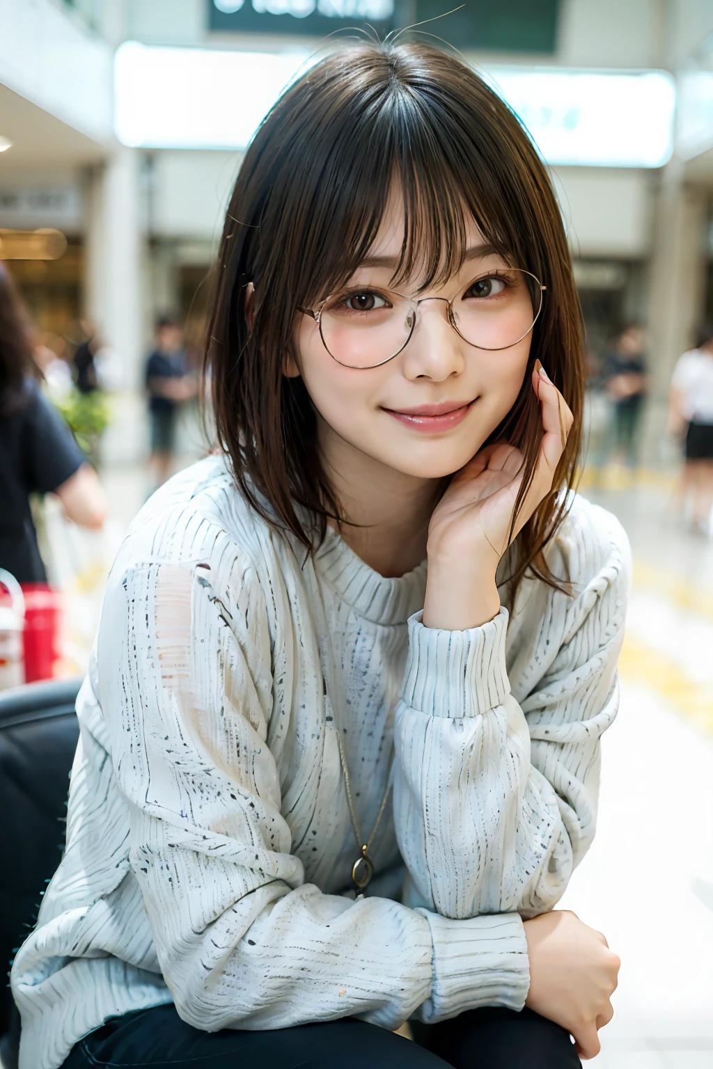 Japanisches Mädchen in Freizeitkleidung in einem Einkaufszentrum、Blick auf die Zuschauer、Pose with ein Lächeln(beste-Qualit、Meisterwerk)))、Eine hohe Auflösung、sehr detailliert、Meisterwerk、Filmbeleuchtung、(8K、beste-Qualit、Meisterwerk:1.2)、(realistisch、eine fotorealistische:1.37) Hochauflösend、The ultra-detailliert、1Mädchen in 、Frau mit Brille、Runde Brille mit dünnem Rahmen、grüne Brille mit Gestell、asiatischer Mensch, niedliche kleine, niedliches Gesicht, Solo, Kurze Haare 1.2, Strukturierte Haut, schönes lächelndes Gesicht, wunderschöner detaillierter Himmel, Filmbeleuchtung, Tiefenschärfe, Linsenreflexlicht、sitzen auf、Verabredung、(errötende Nase)、(ein Lächeln:1.15)、(Mund geschlossen)kleine Brust、schöne, fein detaillierte Augen、(Hellblauer Pullover:1.1)、(kurzes Haar:1.2)、schwebendes Haar im Nova-Frosch-Stil、