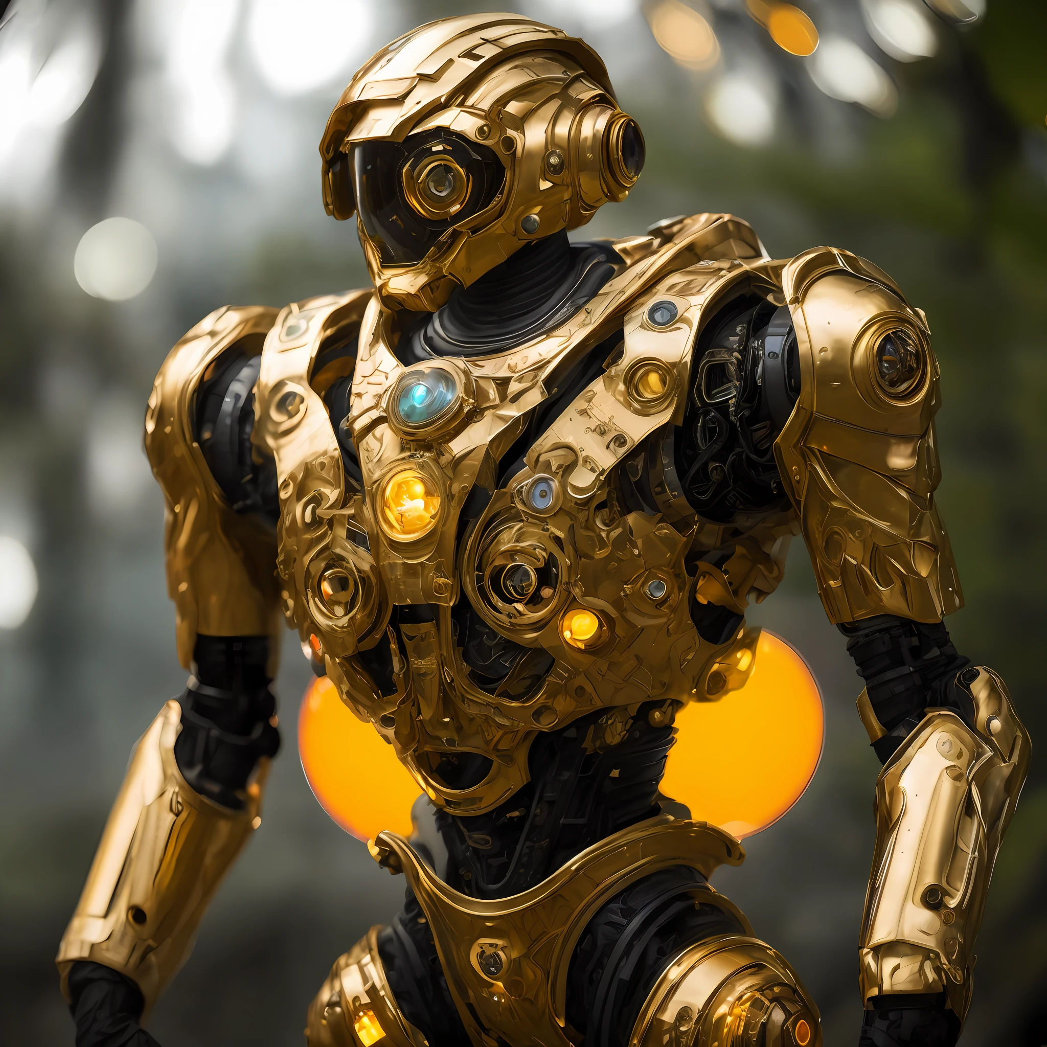 A full photo of transparent gold worn slim mech suit, one central lenticular eye, one big central eye, ((light bokeh)), intricate, ((translucent) liquid water [rust]), elegant, sharp focus, photo by greg rutkowski, soft lighting, vibrant colors, masterpiece, ((dark jungle)), detailed face