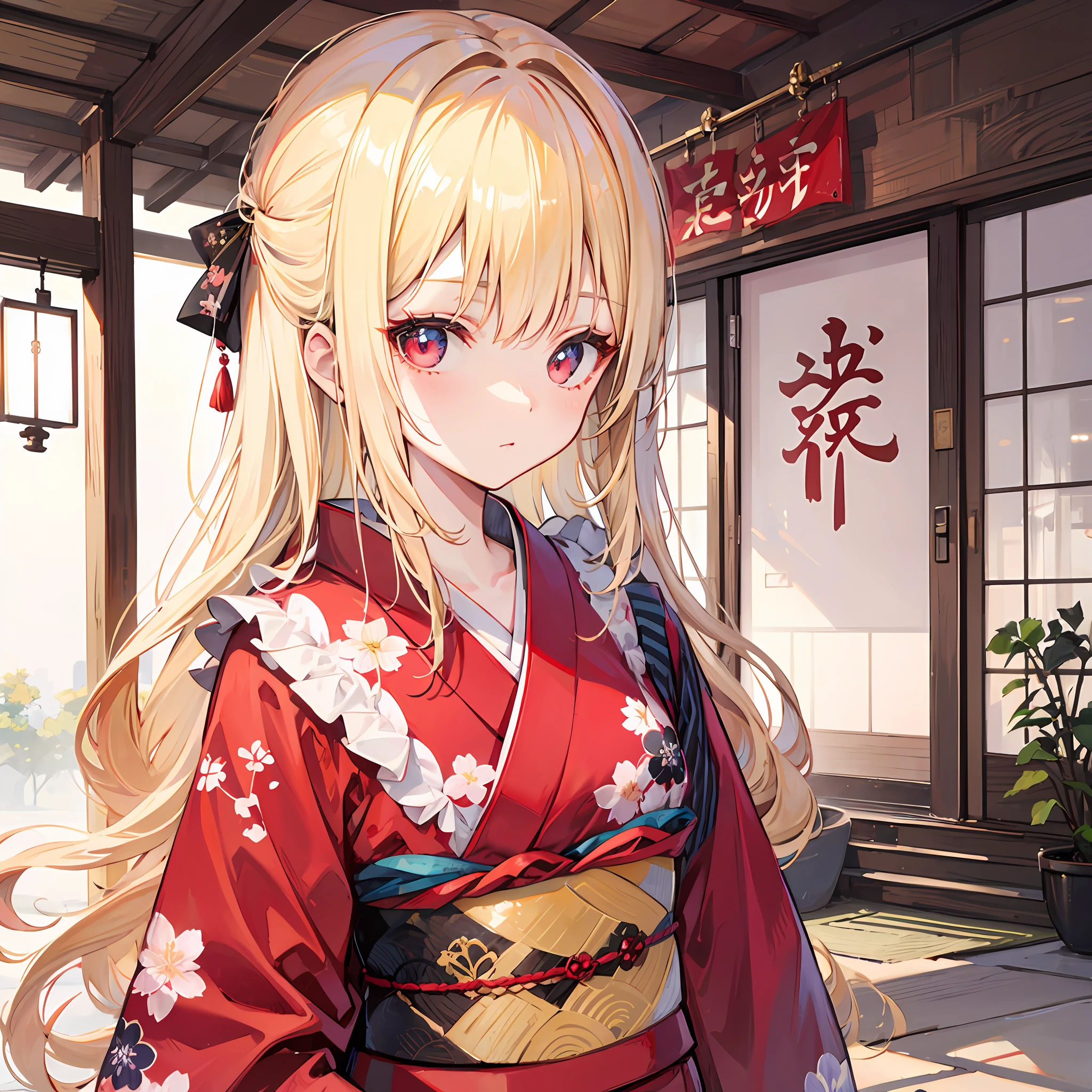 One blonde girl、Rote Augen、Kimono
