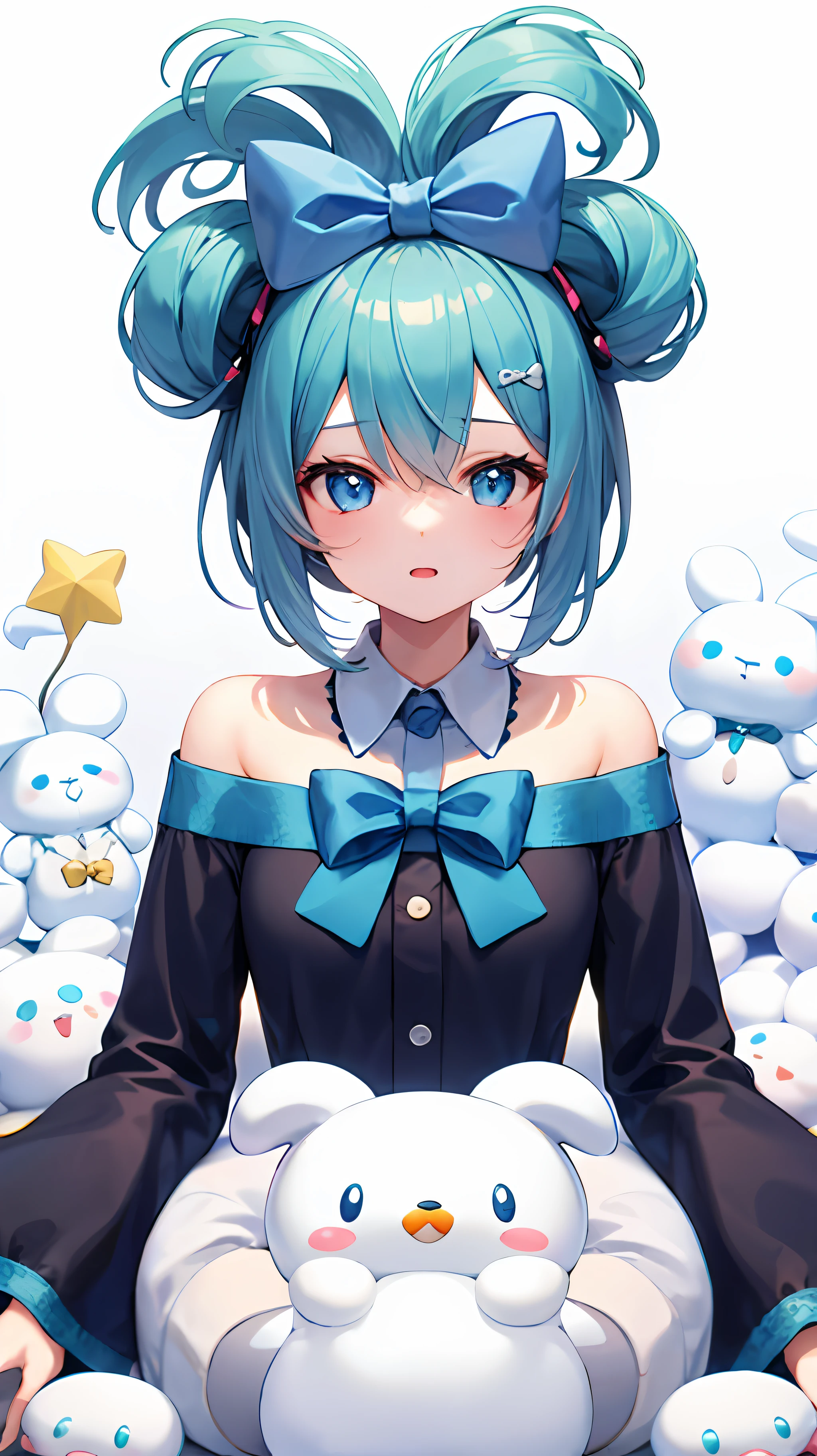 1 garota, só, cinâmico, cabelo azul, olhos azuis, Anéis de cabelo, arco de cabelo, arco azul, (Cinnamoroll, Gravatad ears, sanrio, 1 outro, criatura:1.2) Mangas pretas, Ombros nus, gravata azul, mangas largas, camisa com gola, mangas destacadas, Gravata, gravata azul, apenas,