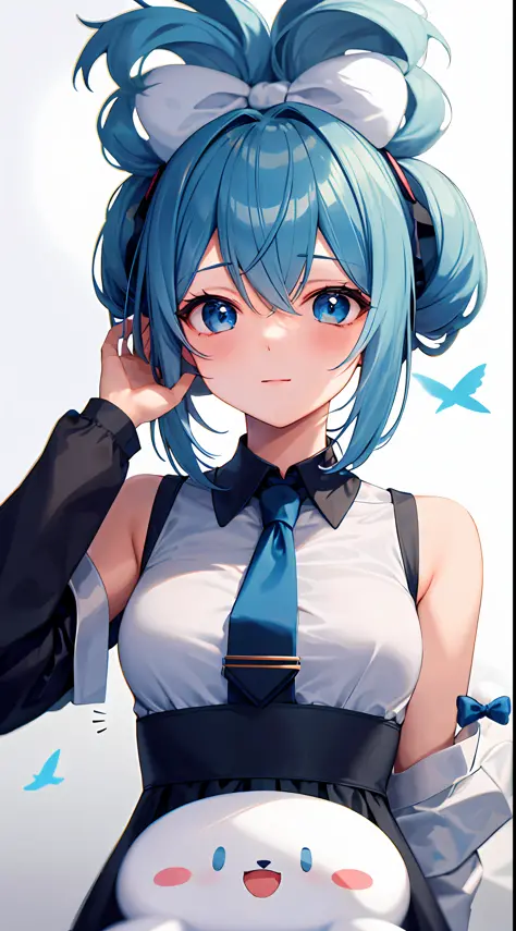 1girl, 独奏, Cinnamiku, Blue hair, blue eyes, hair rings, Hair Bow, blue bow, (cinnamoroll, tied ears, sanrio, 1other, Creature:1....