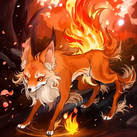 fire-red fox，the tail is burning with flames，sparks flutter all around，lovly，game illustration，two tails，the expression is fierc...