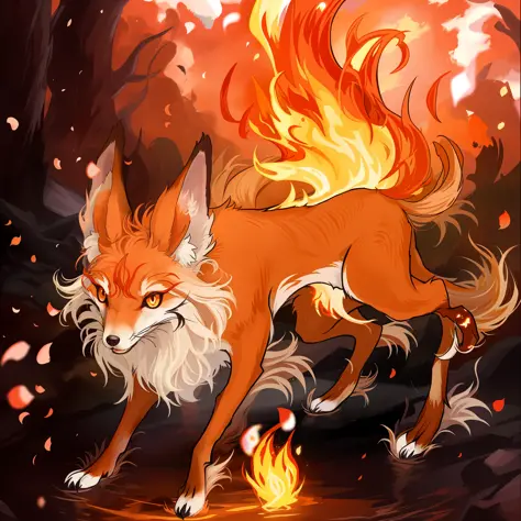 fire-red fox，the tail is burning with flames，sparks flutter all around，lovly，game illustration，two tails，the expression is fierc...