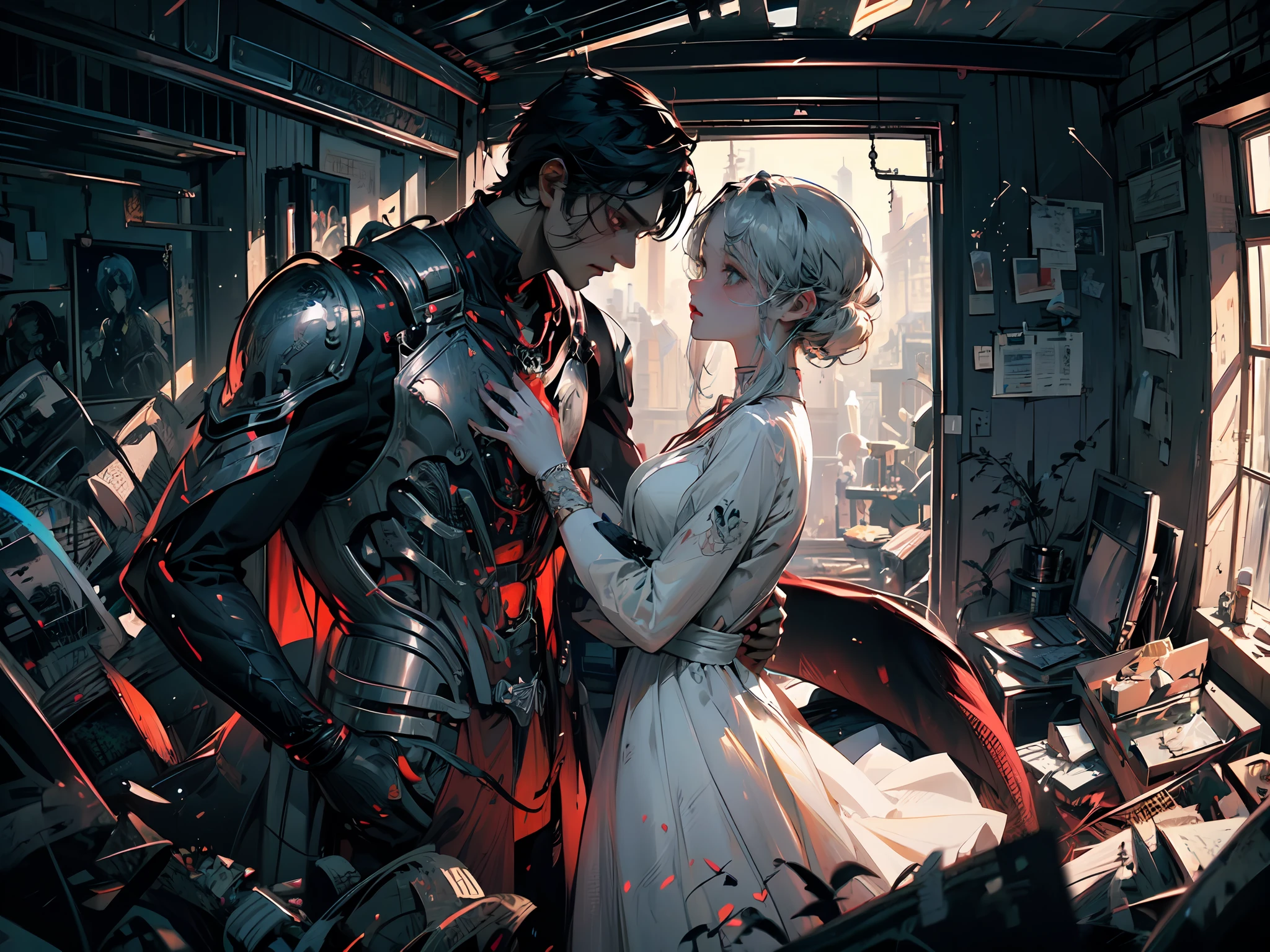 (romantic relationship between 1girl and 1boy), [Yuri,sfv], (forbidden love), 2person : {1eldritch girl, 1monsterboy}, girl wearing white dress, boy wearing black armor, dynamic view, The wide-angle,Cowboy shot, beautiful emphasizing on face and eyes, sweetly detailed,intricate scenery, Contrast,[Rust,Silver,blood],professional coloring,sumptuous artwork,artistic representation of devastation, twisted romantic aesthetic,(illustration,extremely precisely drawn:1.2), A high resolution,Best quality