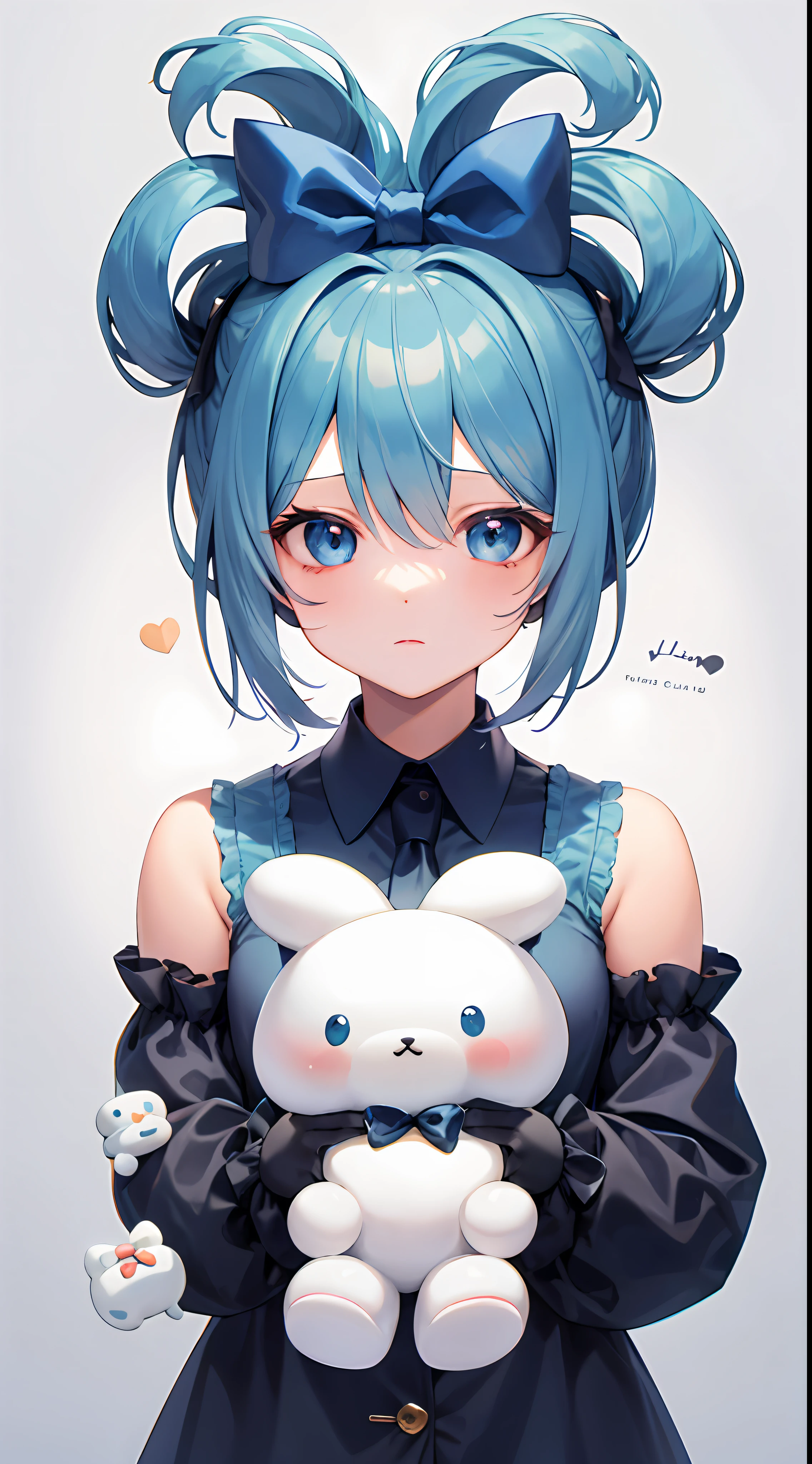 1girl, 独奏, Cinnamiku, Blue hair, blue eyes, hair rings, Hair Bow, blue bow, (cinnamoroll, tied ears, sanrio, 1other, Creature:1.2) black sleeves, bare shoulders, Blue Tie, wide sleeves, shirt with collar, detached sleeves, tie, Blue Tie, kawai,