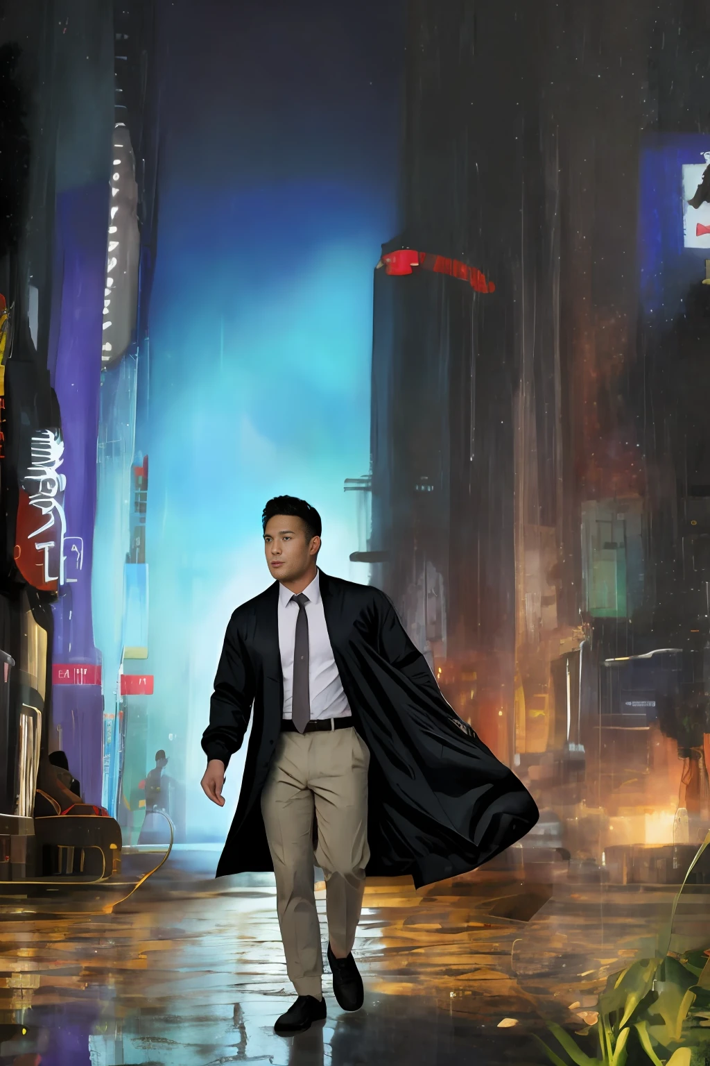 1 oriental male, big bumps, stubble. A 30-year-old muscular man wearing glasses, a reflective windbreaker, long-sleeved white shirt and tie, and leather shoes. Full body, soft lighting. In the neon city. (masterpiece, Best quality), 8K UHD, Digital SLR, filmgrain, Fujifilm XT3 photorealistic painting art