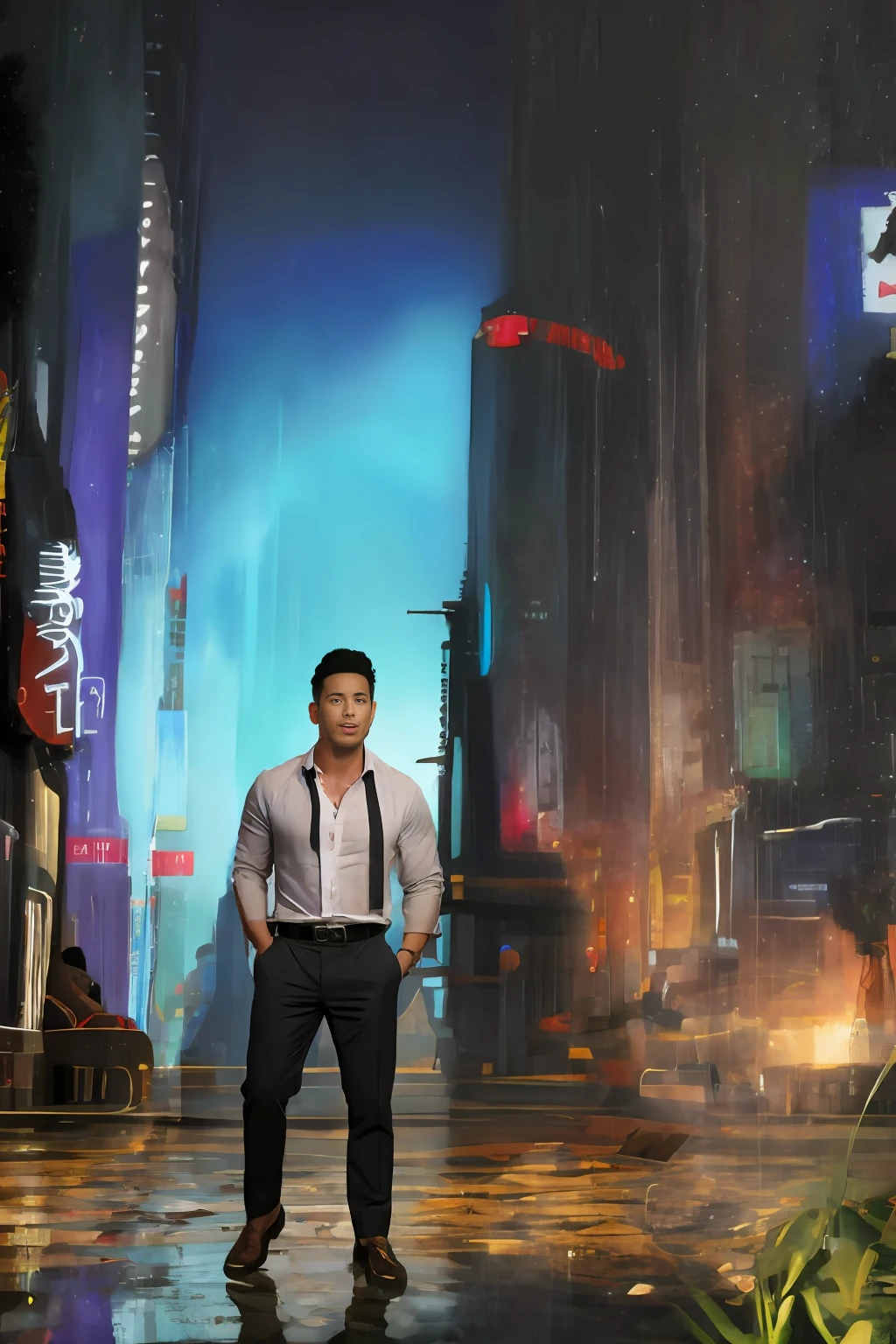 1 oriental male, big bumps, stubble. A 30-year-old muscular man wearing glasses, a reflective windbreaker, long-sleeved white shirt and tie, and leather shoes. Full body, soft lighting. In the neon city. (masterpiece, Best quality), 8K UHD, Digital SLR, filmgrain, Fujifilm XT3 photorealistic painting art