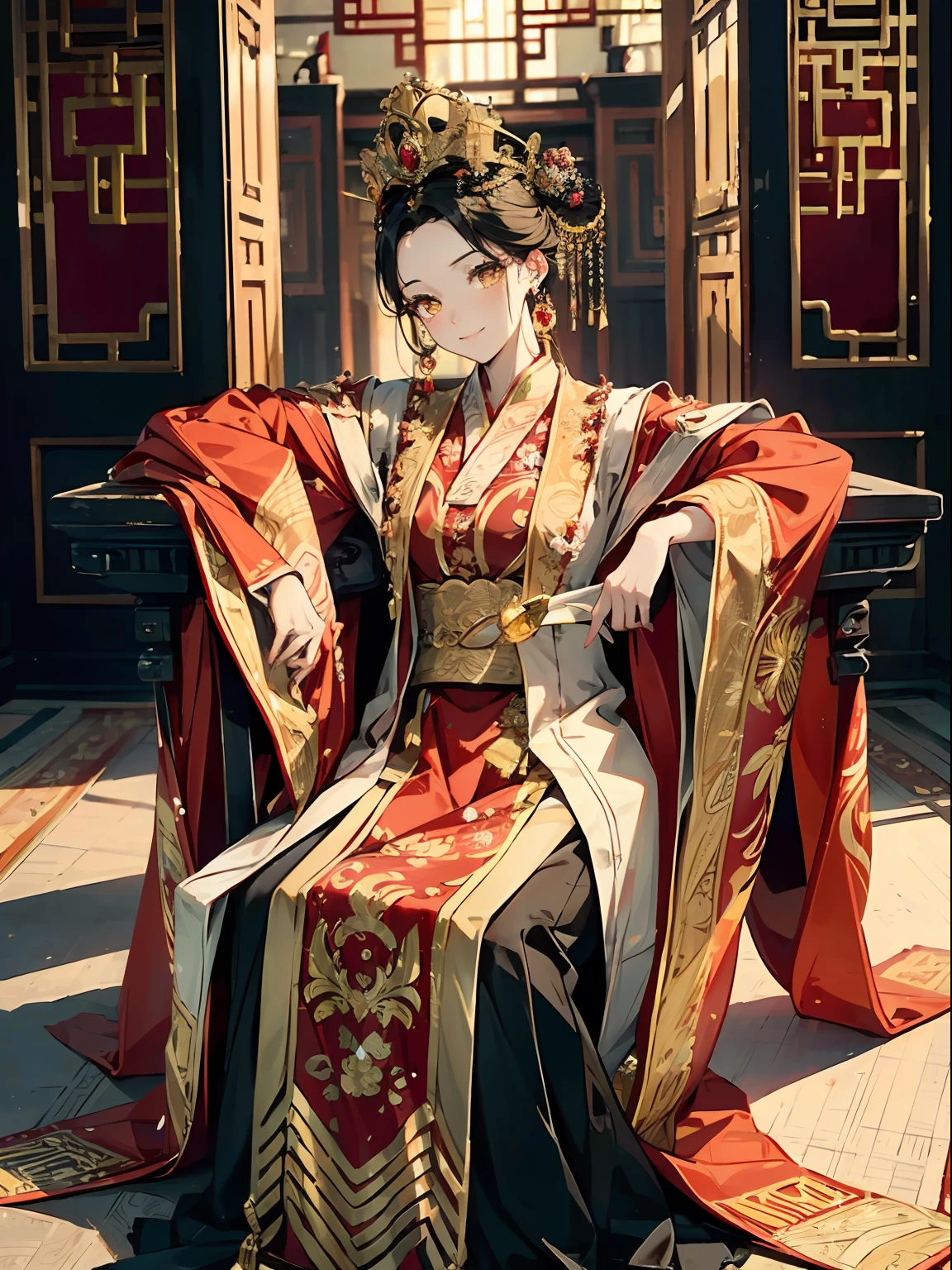 1 женщина，желтые глаза，красно-золотое платье, Ханьфу ,китайская одежда,тиара, корона，((Черные завитые волосы))，Далекий вид，яркое освещение，золотая серьга，улыбка，сидеть в кресле，фон：Древний китайский королевский дворец，