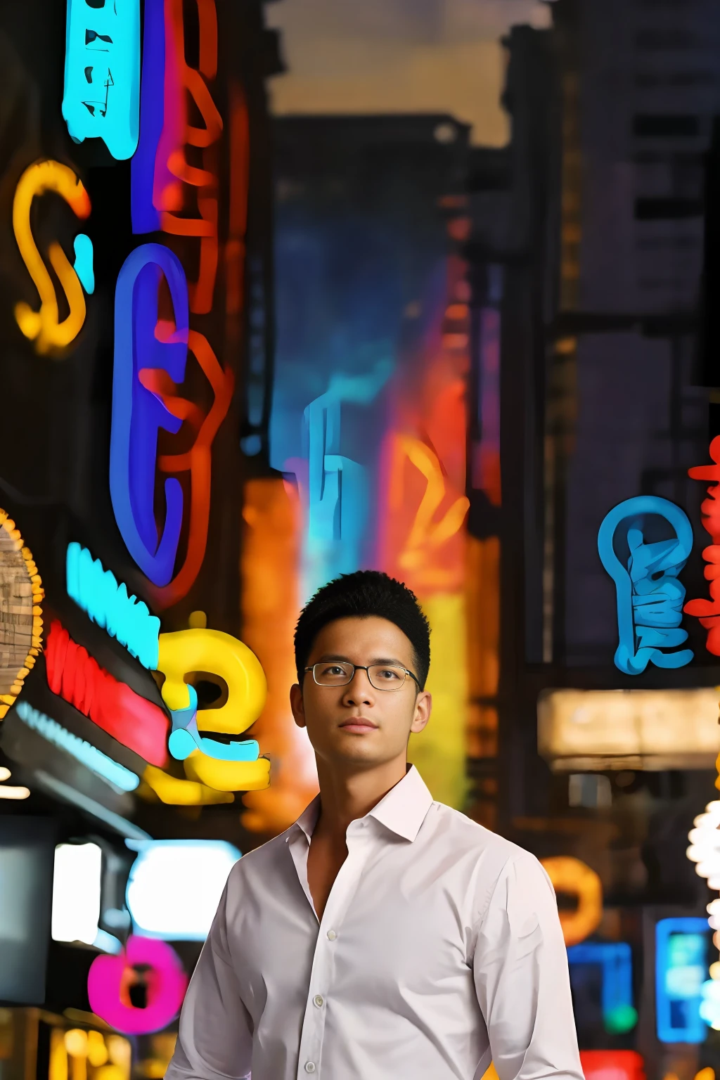 ((1 oriental male, big bumps, stubble)). ((A 30-year-old muscular man wearing glasses)), a short reflective windbreaker, long-sleeved white shirt and tie, and leather shoes. Full body, soft lighting. In the city of neon lights and TV walls.(masterpiece, Best quality), 8K UHD, Digital SLR, filmgrain, (super detailed color, surreal), Fujifilm XT3 photorealistic painting art