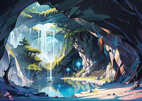((mysterious fantasy forest in a large cave)), springtime, Jungle, lake, cave, a tree, meadow, Rock, (illustration: 1.0), epic c...