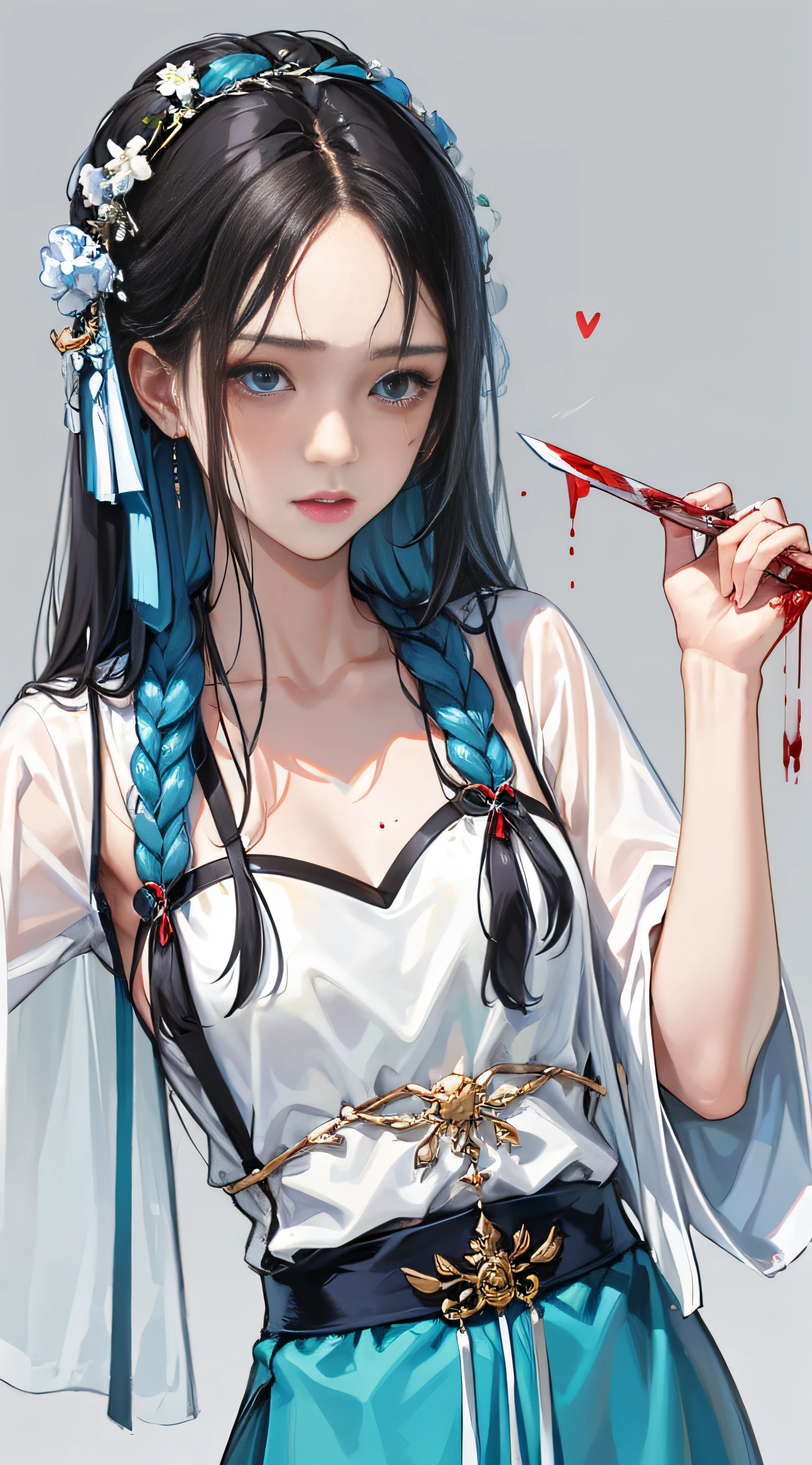 1girl, (hanfu), sidelighting, wallpaper, masterpiece, superlative, night, outdoor, rainy day, branches, chinoiserie, ancient china, 1 woman, mature woman, silver-white long-haired woman, gray-blue eyes, pale pink lips, indifference, seriousness, bangs, assassin, sword, white clothes, blood, violence, death, injury, blood, facial blood, massive blood, facial details, facial details