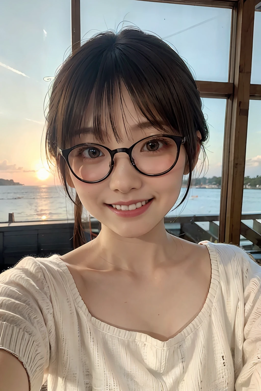 Japan girls in casual clothes、Watch your audience、Pose with a smile(beste-Qualit、Master masterpiece)))、Standing on the beach、HD fine、highly detaile、Master masterpiece、电影灯光、(8K、beste-Qualit、Master masterpiece:1.2)、(Real、a photorealistic:1.37) Hi-Res、Super Detail、1girl in 、Woman with glasses、Thin frame round glasses、Green glasses frame、Asian, cute little, Cute face, Solo, Short hair 1.2, Textured skin, Beautiful smile, Beautiful detailed evening sky, Sunset, 电影灯光, depth of fields, Lens flare light、Dating、(blush nose)、(Smiling face:1.15)、(Mouth closed)tiny chest、Beautiful eye for detail、(Sweaters:1.1)、evening、(Short hair:1.2)、Floating hair Nova frog style、the beach, (Horizon, Beautiful sea, Sky, Sunset:1.2),