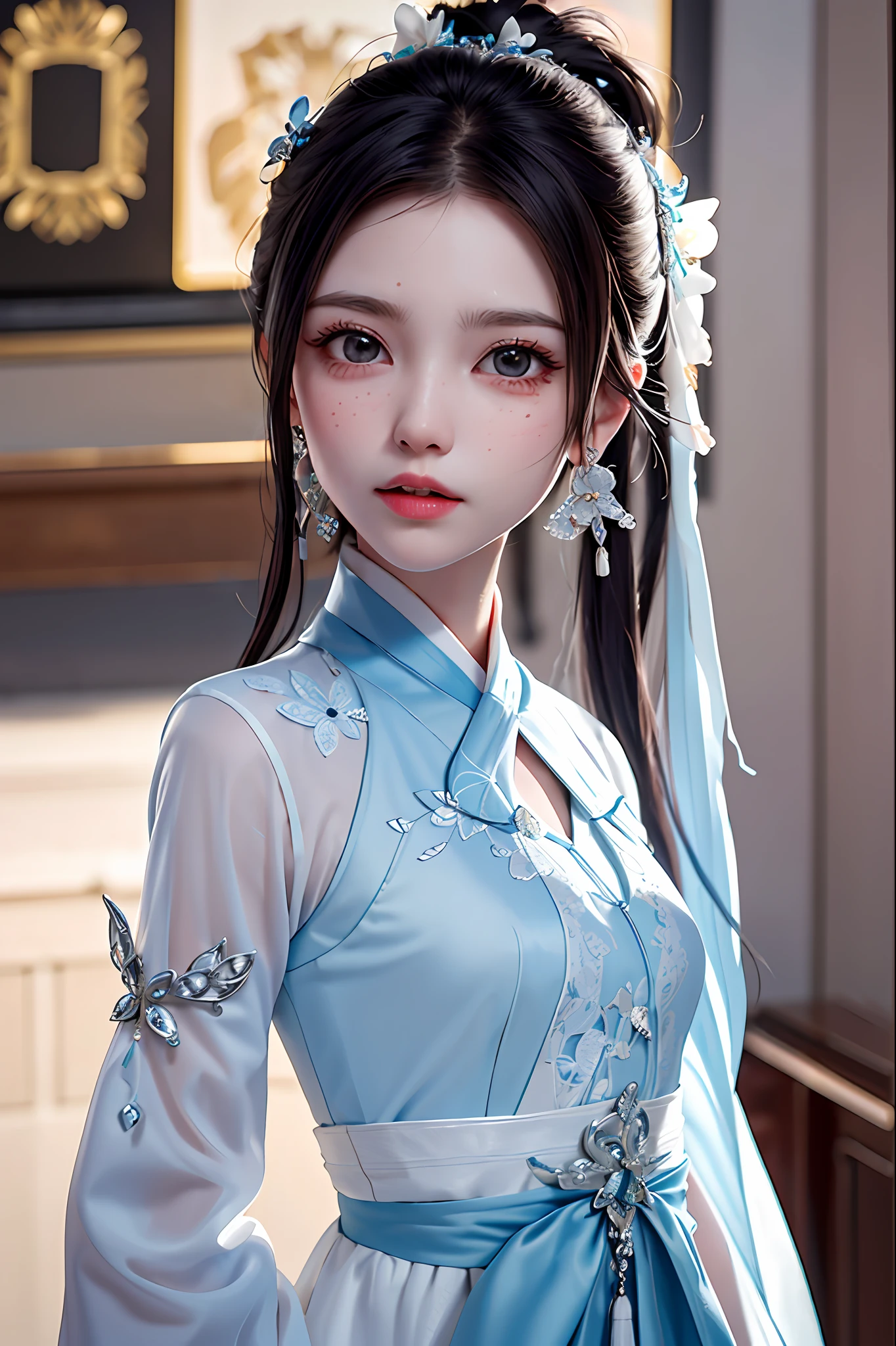 best quality,
1girl,solo,hair ornament,hair flower,chinese clothes,jewelry,hanfu,dress,wide sleeves,hand fan,long sleeves,holding,closed mouth,hair bun,
rackanimal,balck background,