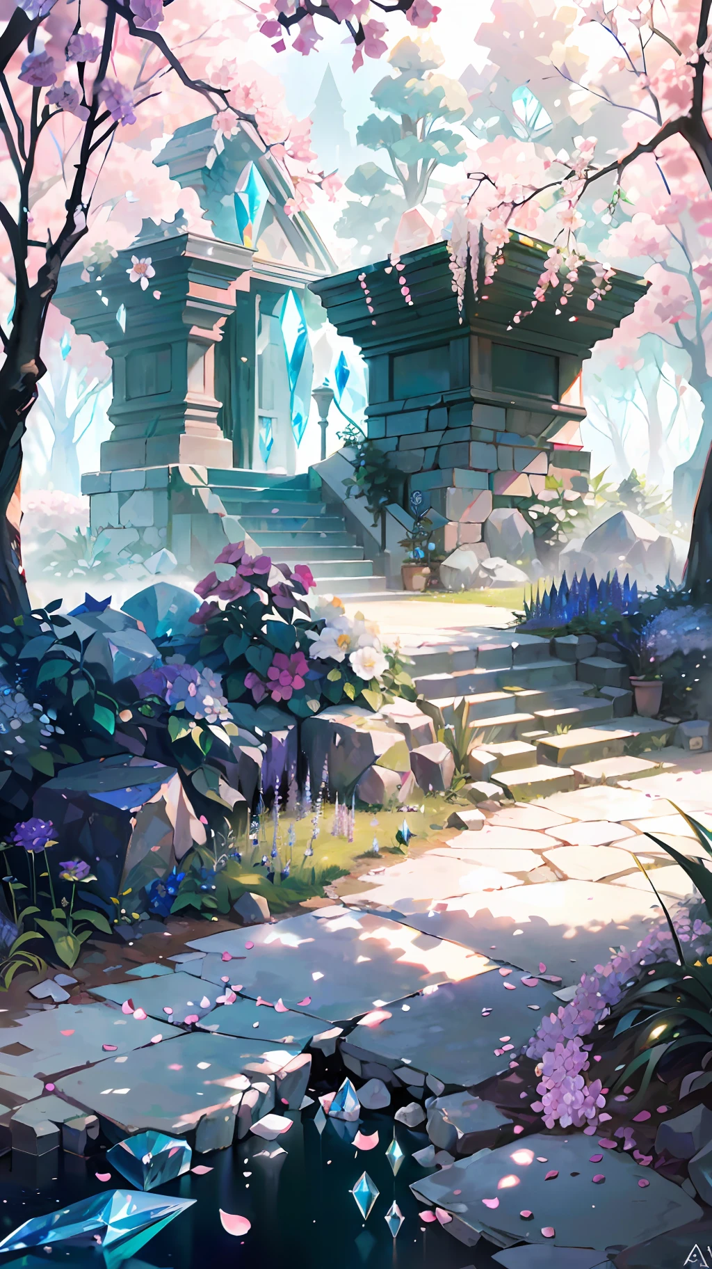 In the ((enchanting Garden:1.5)) of Crystal Gems, nestled upon a steep mountain slope, ((vibrant crystal blooms flourish:1.5)), (illuminating )the landscape with their ethereal radiance. Each crystal bloom resembles a delicate flower, shimmering in various hues, casting a magical glow across the garden. (The camera angle captures the garden from a bird's-eye view), showcasing the breathtaking expanse of the )(crystal blooms cascading down the mountain slope). The lighting bathes the scene in a soft, diffused glow, accentuating the translucency and brilliance of the crystal petals. Sunlight filters through the surrounding foliage, ((creating dappled patterns of light and shadow)). The render style emphasizes the intricate details of the crystal blooms, revealing their faceted surfaces and capturing the way they catch and reflect light. ((Every petal, every facet, and every glimmering crystal formation comes alive)), transporting viewers to a world where nature and precious gems coexist in perfect harmony.