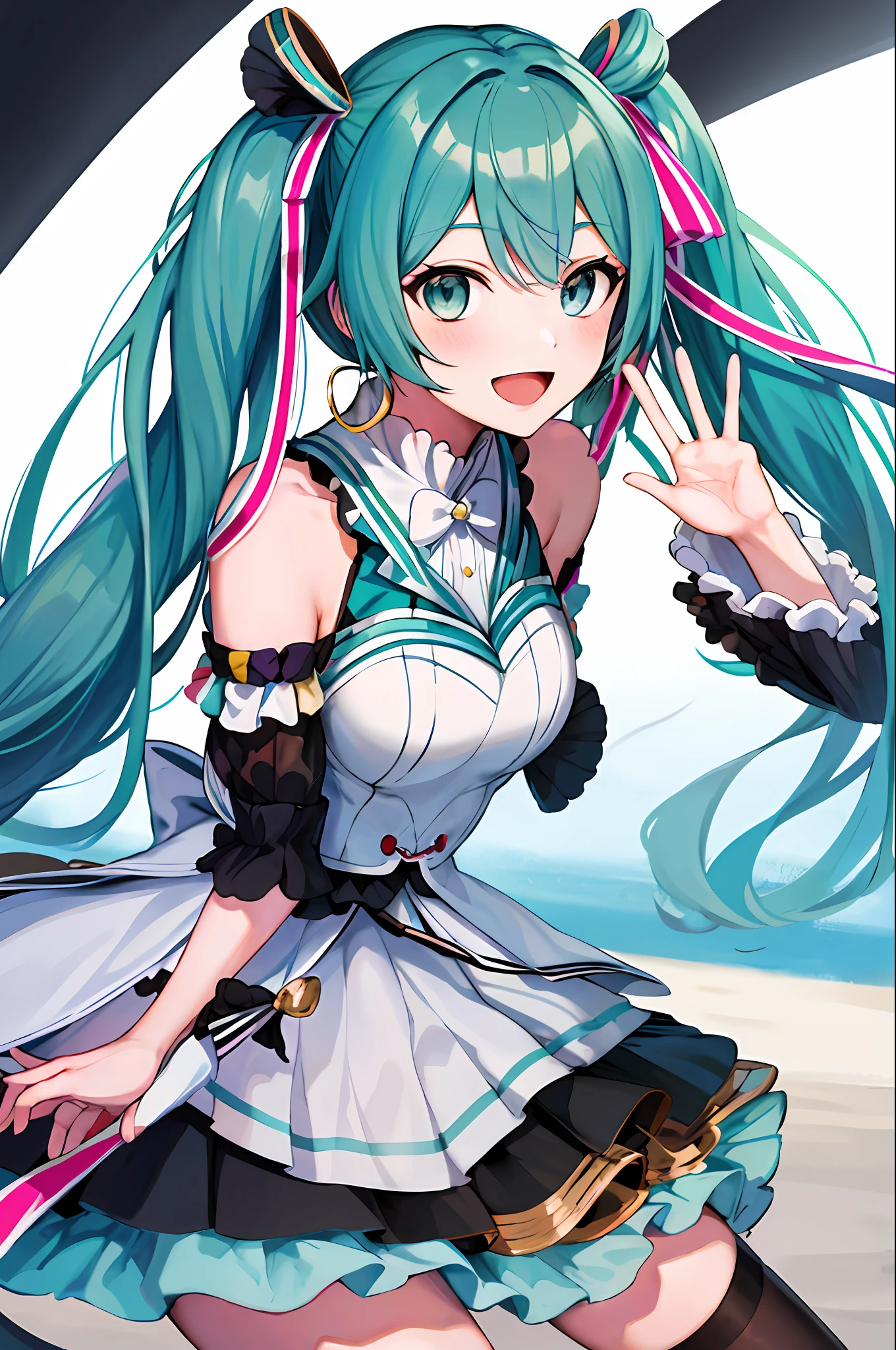 masutepiece, Best quality, large resolution, gracemiku, Smile, Waving, Open mouth,miku hatsune