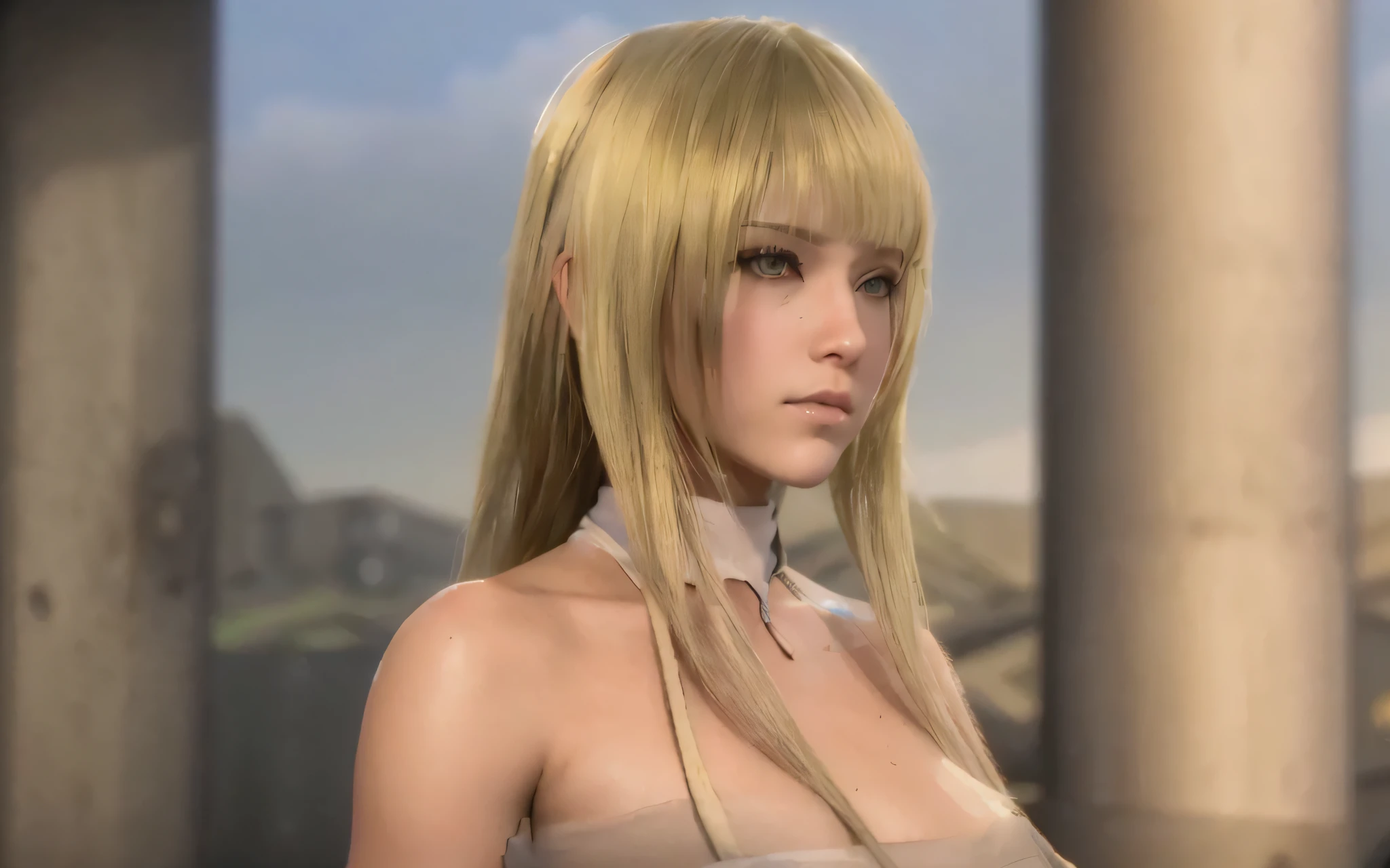 a close up of a woman with long blonde hair and a dress, As a character in Tekken, dead or alive 6, Tifa Lockhart with white hair, anime cgi, anime cgi style, 3 d anime realistic, photorealistic anime girl rendering, realistic face and body hybrid, Soft hair, One blonde girl, hyper realistic anime, semi realistic anime