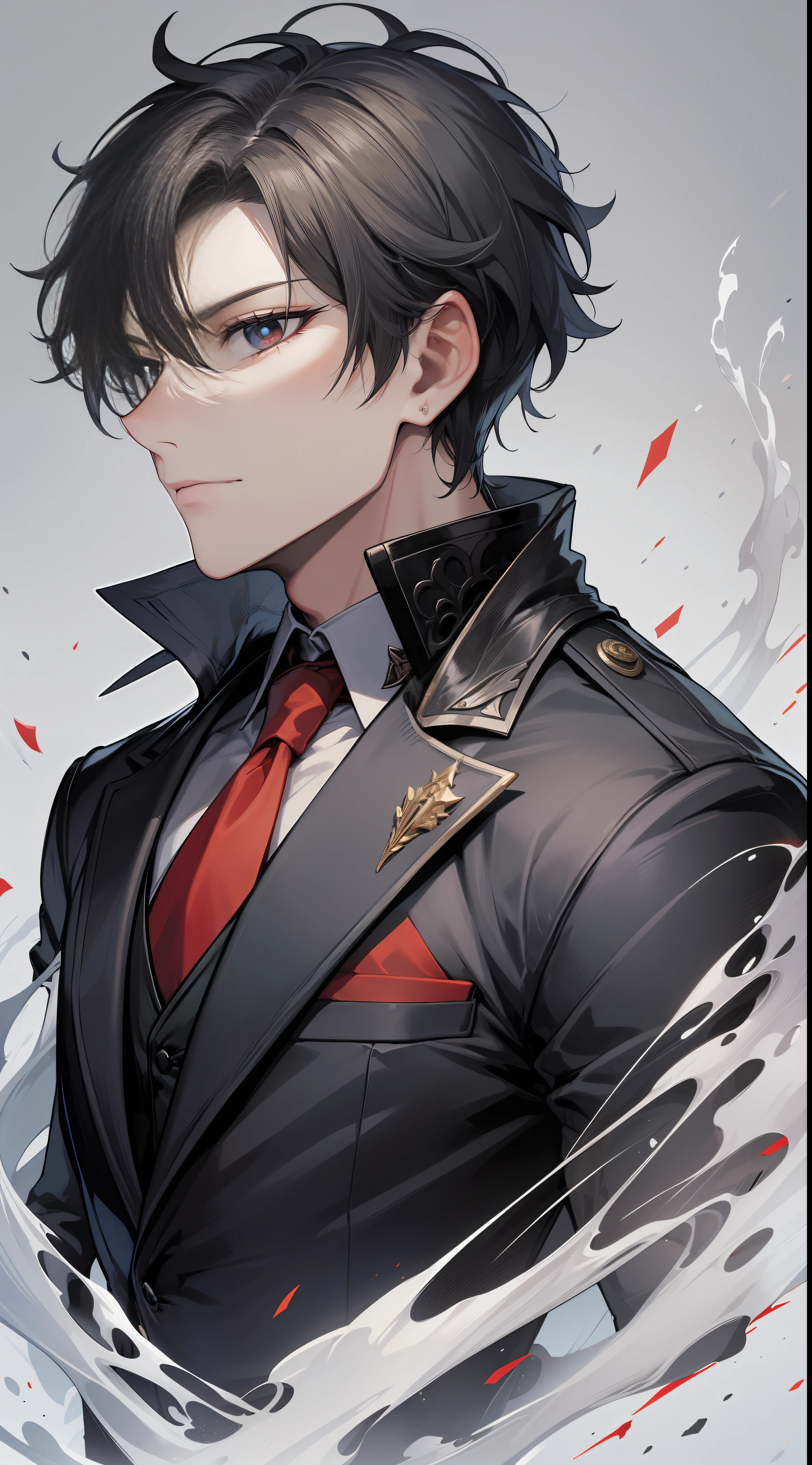 Very handsome boy，Noble look，with short black hair，Red pupils，Grim expression，Upper body ID photo，The eyes portray attention to detail，Black suit with no decorations，A kingly look，Face the camera
