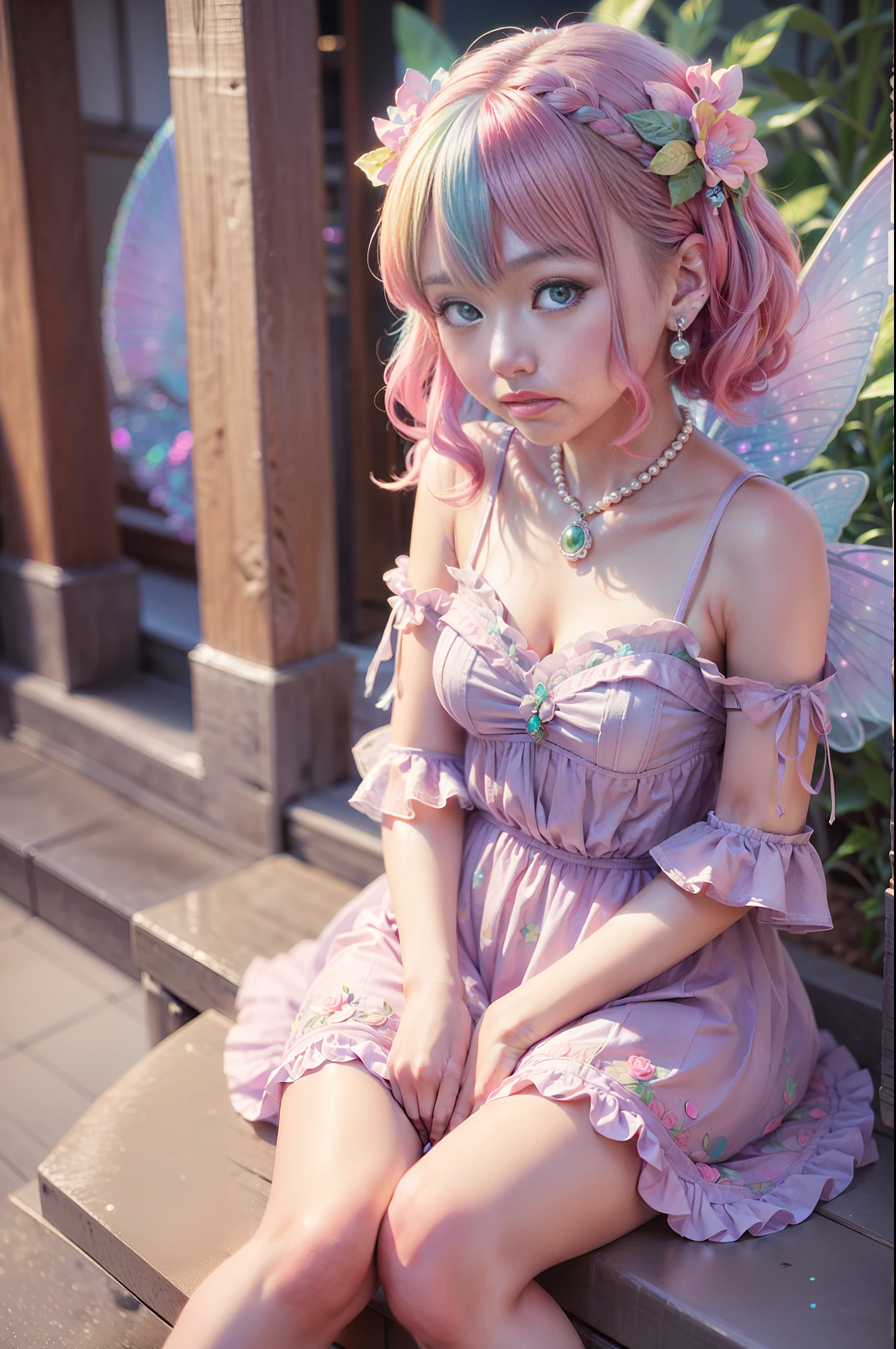 Pearls adorned with pastel pink dresses and hair accessories、Ren Hao、And hair dyed in candy color。With shining green eyes that play innocently、Glitter sandals dancing brilliantly。A beautiful girl who is somehow mysterious like a fairy