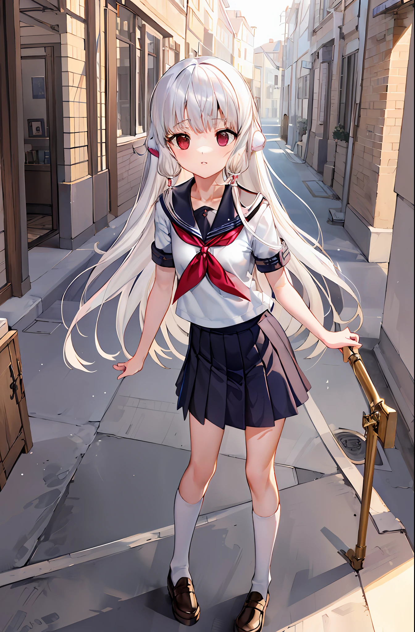 anime girl with long white hair and red eyes in a school uniform, Kantai collection style, Perfect white haired girl, white-haired god, Beautiful Anime High School Girls, anime visual of a cute girl, up of young anime girl, Smooth anime CG art, little curve loli, white haired Cangcang, clean and meticulous anime art, Cute anime girl, high detailed official artwork