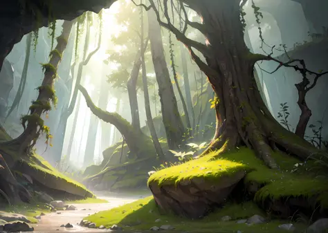 ((mysterious fantasy forest in a large cave)), no humans, no peoples, fog, springtime, Jungle, (((moss))), grass, cave, a tree, meadow, Rock, (illustration: 1.0), epic composition, Realistic lighting, HD Details, ​masterpiece, beste-Qualit (very detailed C...