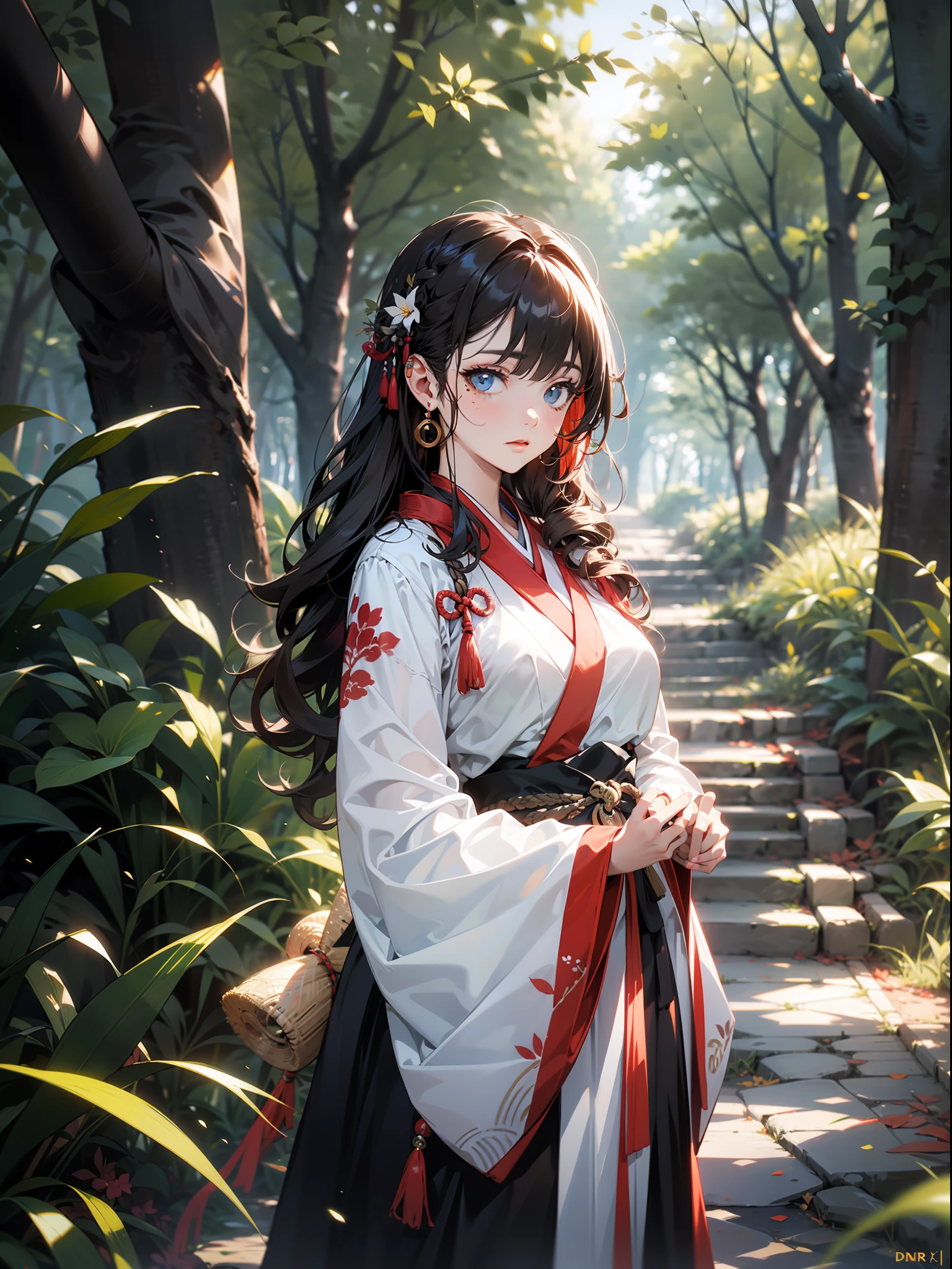 A brunette girl, Walk in the forest, wearing a hanfu, The ground is followed by cats, mole under eye, half-closed eye, curly hair, chiaroscuro, vanishing point, UHD, best quality, highres, 1080P, ccurate