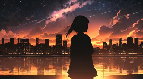 anime,silhouette,1girl, star (sky), cloud, cityscape, building, city, outdoors, skyscraper, city lights, night, night sky, sunse...