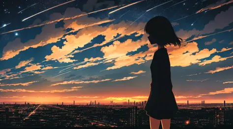 anime,silhouette,1girl, star (sky), cloud, cityscape, building, city, outdoors, skyscraper, city lights, night, night sky, sunse...