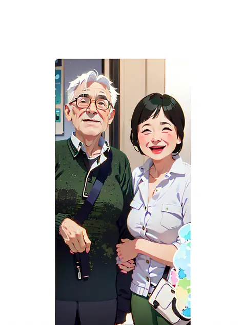 1 sticker, handbook, (sticker, 2 old couples, one old man, one old woman with black hair, man with white hair, a strong expressi...