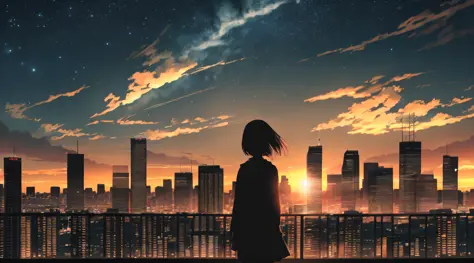 anime,silhouette,1girl, star (sky), cloud, cityscape, building, city, outdoors, skyscraper, city lights, night, night sky, sunse...