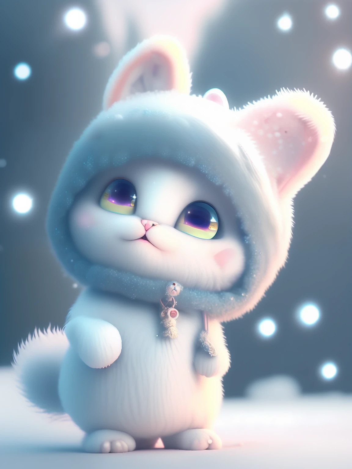 a cute little cat+Snow-white furry，Big bright eyes，A sweet smile，A sweet smile，Open-mouthed！！！，Dress up as a fashion model，Wearing a stylish suit with pink crystal texture，Hats and handbags，Snow white fluffy，Big bright eyes，Big bright eyes，standingn，Fluffy tail，Winter rises，The snow flutters gently，Extremely detailed 3D animation renders symmetrical center position， Super realistic， super detailing， posh， 3， light， ultra clear details， Ultra-transparent material， Close-up of， complex texture， rendering by octane， ZBrush， 8K， Ultra-realistic UREAL，Open-mouthed！！！，rightward！！！