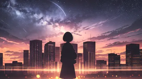 anime,silhouette,1girl, star (sky), cloud, cityscape, building, city, outdoors, skyscraper, city lights, night, night sky, sunse...