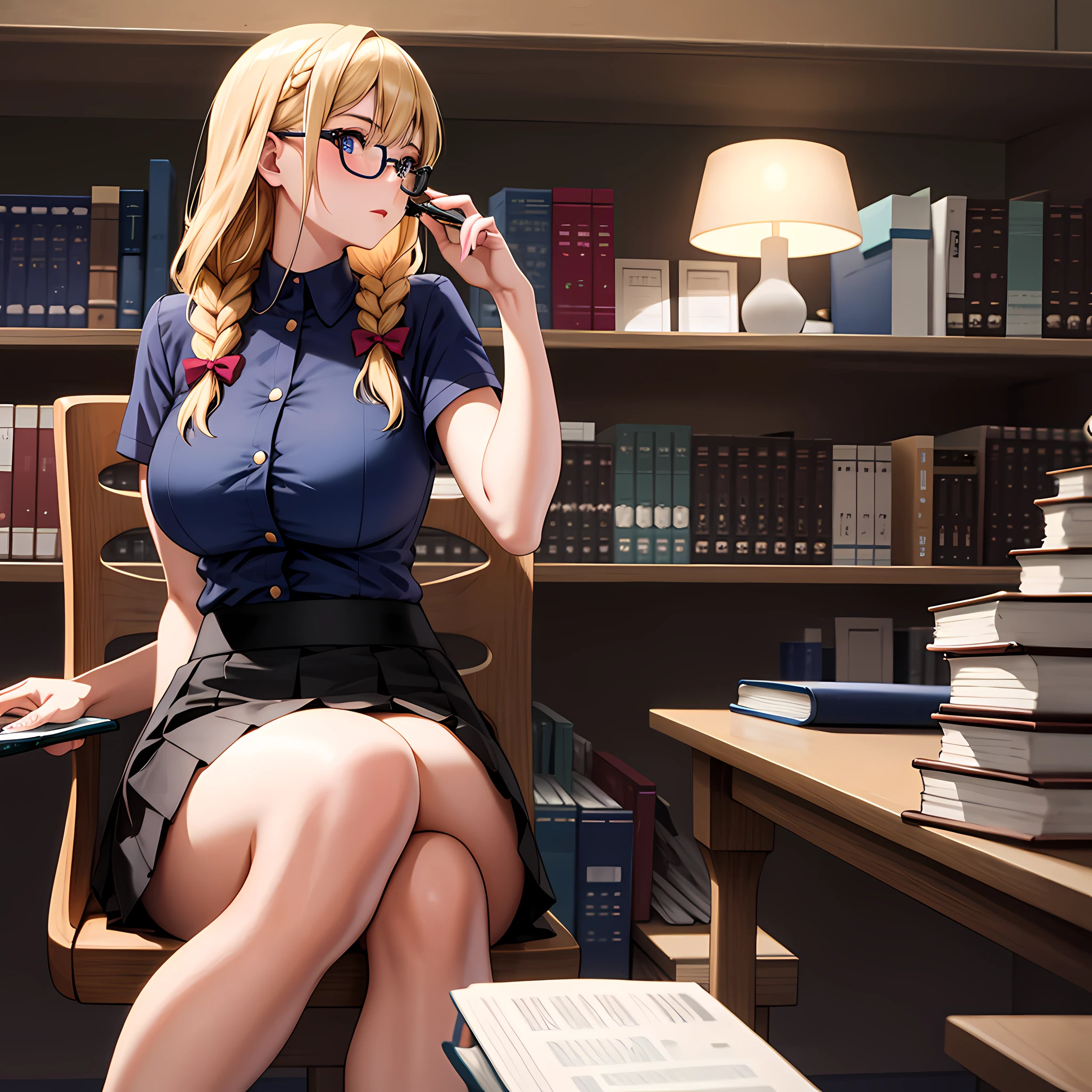 1girl, 2solo focus, a candid photo of a curvy blond woman sitting in a chair at a desk brushing her bangs from her face with her hand, long braided hair, glasses, navy blue blouse, knee-length skirt, looking to her left at the viewer, surprised expression, 30 years old, library, open book, ultra detailed, 8K, volumetric lighting, epic composition, side view