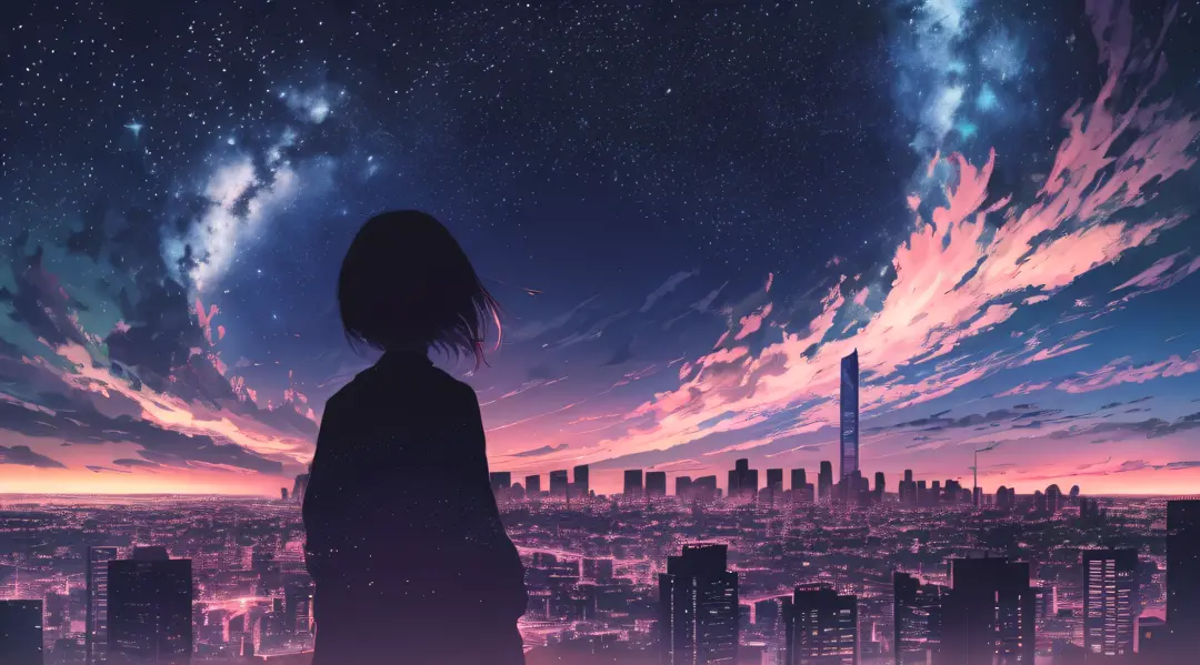 anime,silhouette,1girl, star (sky), cloud, cityscape, building, city, outdoors, skyscraper, city lights, night, night sky, sunse...