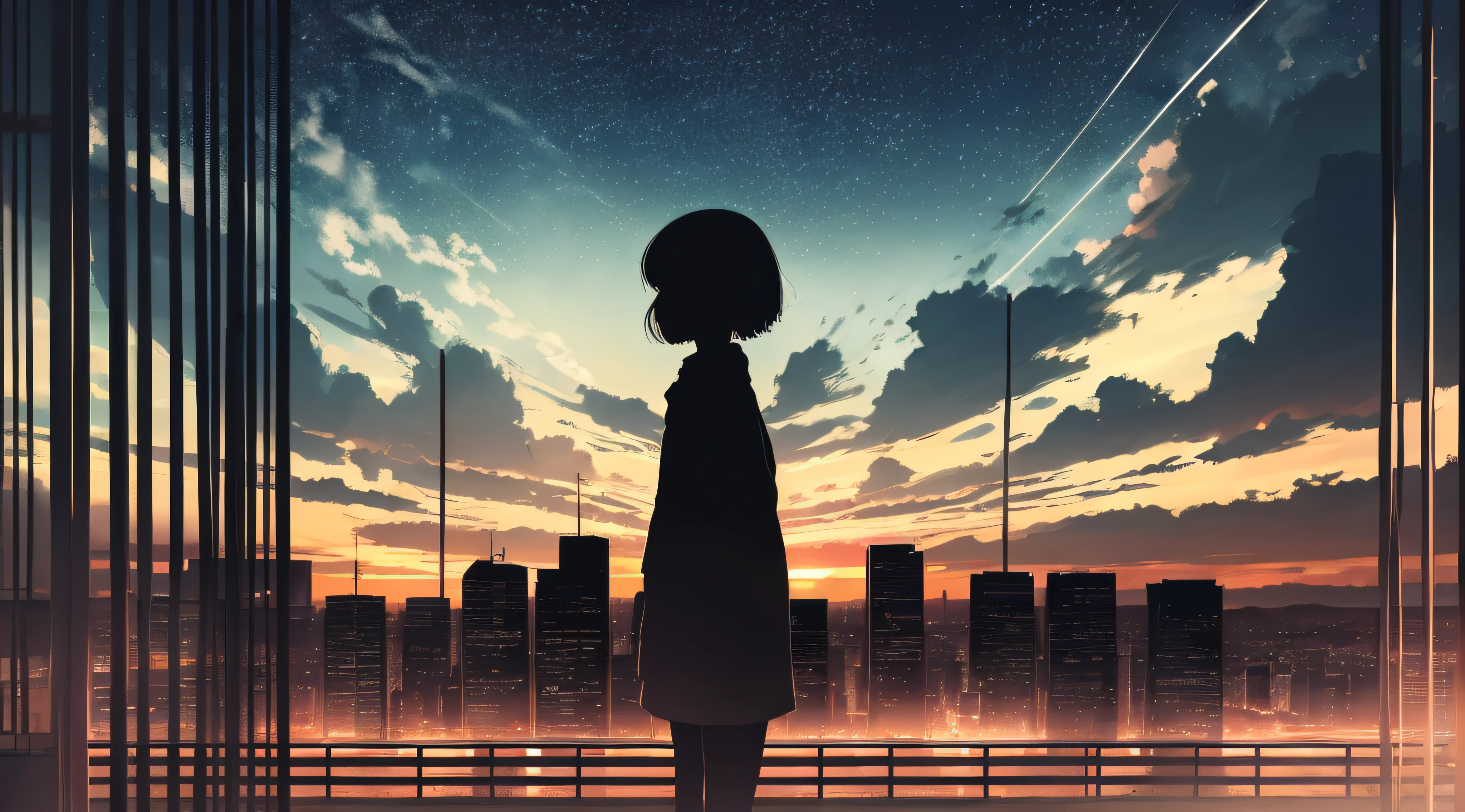 anime,silhouette,1girl, star (sky), cloud, cityscape, building, city, outdoors, skyscraper, city lights, night, night sky, sunset, skyline