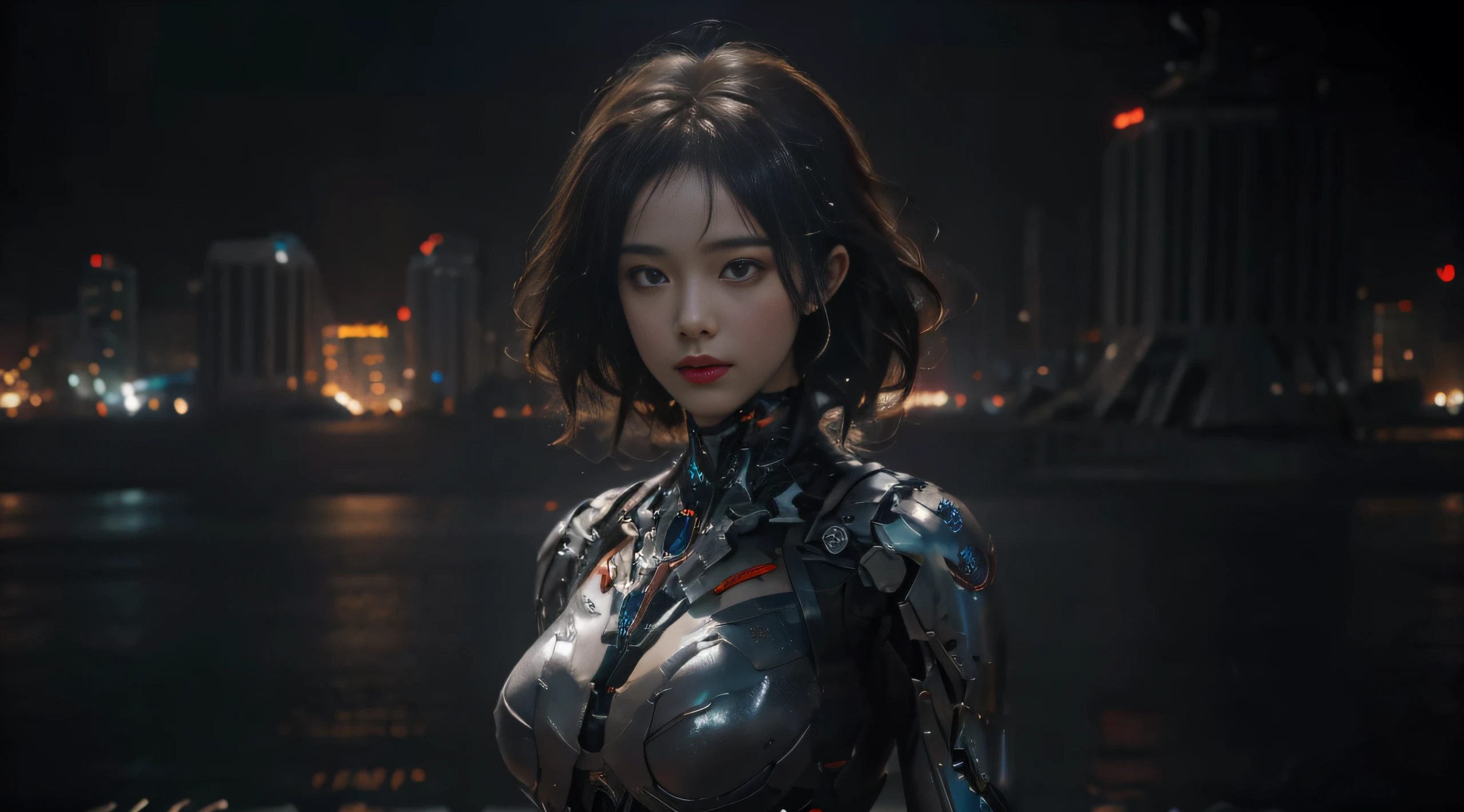 big breast beauty，(length hair:1.4)，Mechanical body，City background at night，tmasterpiece，4K,8K，finedetail，Super-High Resolution，best quailty，Hi-Def，Complicated details，largefilesize，astonishing，depth of fields，naturalshadow，