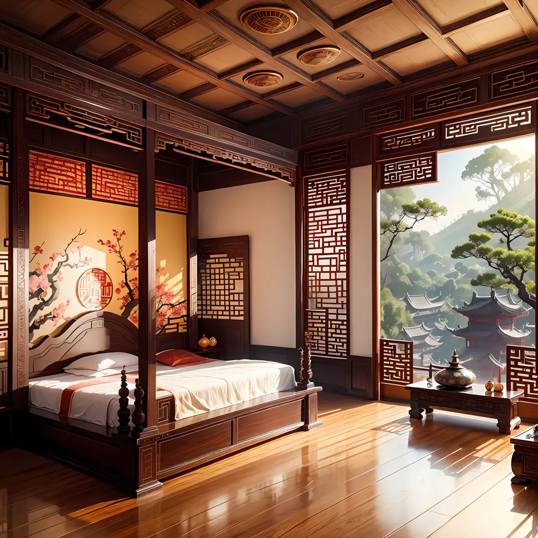 chinese style，Asian scene，inside room，Chinese style bed，janelas，Sunlight through the windows，desks，a chair，Ultra-realistic detai...