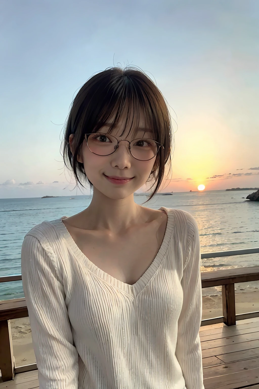 Japan girls in casual clothes、Watch your audience、Pose with a smile(beste-Qualit、Master masterpiece)))、Standing on the beach、HD fine、highly detaile、Master masterpiece、电影灯光、(8K、beste-Qualit、Master masterpiece:1.2)、(Real、a photorealistic:1.37) Hi-Res、Super Detail、1girl in 、Woman with glasses、Thin frame round glasses、Green glasses frame、Asian, cute little, Cute face, Solo, Short hair 1.2, Textured skin, Beautiful smile, Beautiful detailed evening sky, Sunset, 电影灯光, depth of fields, Lens flare light、Dating、(blush nose)、(Smiling face:1.15)、(Mouth closed)tiny chest、Beautiful eye for detail、(Sweaters:1.1)、evening、(Short hair:1.2)、Floating hair Nova frog style、the beach, (Horizon, Beautiful sea, Sky, Sunset:1.2),