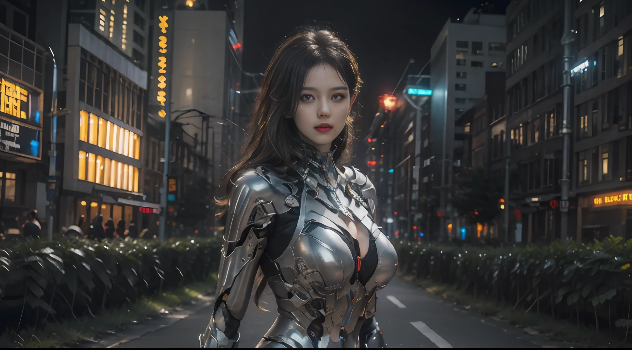 big breast beauty，(length hair)，Mechanical body，City background at night，tmasterpiece，4K,8K，finedetail，Super-High Resolution，best quailty，Hi-Def，Complicated details，largefilesize，astonishing，depth of fields，naturalshadow，