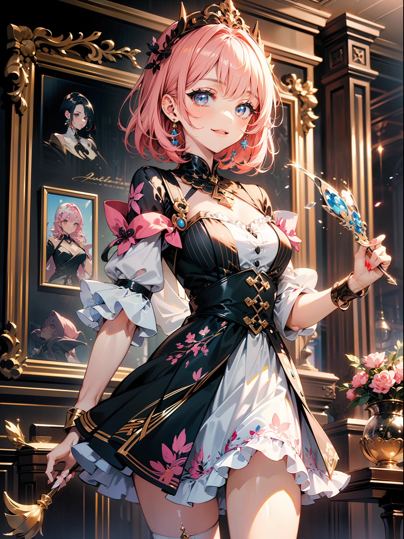 (Image de synthèse HD, Personnage CG, beau, Corps latéral, expression joyeuse, Action de lancer des sorts, De jolis détails, cheveux roses courts, Robe bleue, Vêtements design, Peinture sur pied unique)