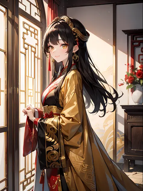 1 woman，Yellow eyes，red color Hanfu，Red Chinese wedding dress，((Black coiled hair))，Faraway view，Bright lighting，Wears a gold co...