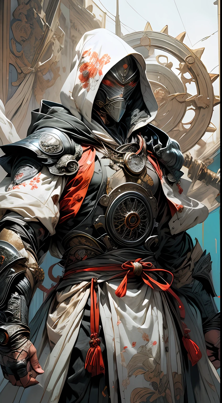 Um cavaleiro samurai futurista em armadura branca e roupas de tecido oriental, capô e engrenagens