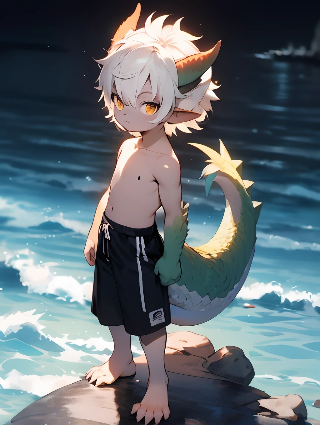 anime - style image of a young boy standing on a rock in front of the ocean, concept art by Shitao, Pisif, Furry art，trending on artstation pixiv, Guviz-style artwork, lalafell, Guviz, Guweiz on ArtStation Pixiv, young male anthro dragon，White scales，White hair，Close-up photos，（Slightly fat），Sunburn