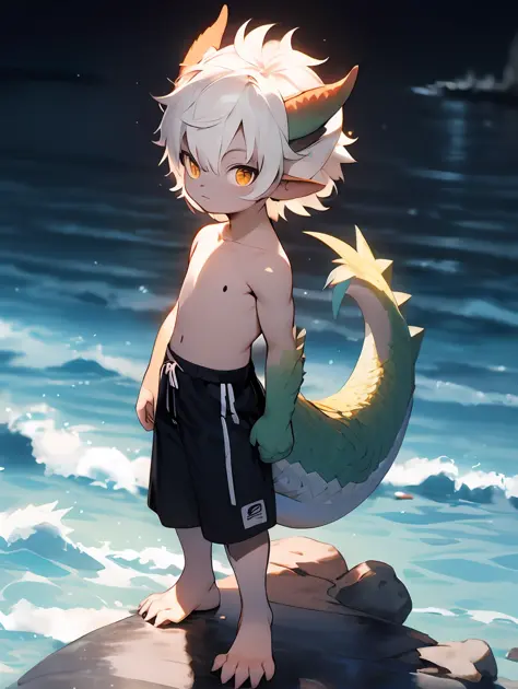 anime - style image of a young boy standing on a rock in front of the ocean, concept art by shitao, pisif, furry art，trending on...