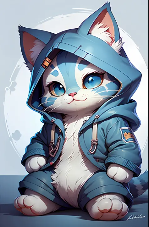 cute english short blue cat c4tt4stic，dressed in a blue and white coat，with smile，lie quietly on the soft cushions，the eyes are ...