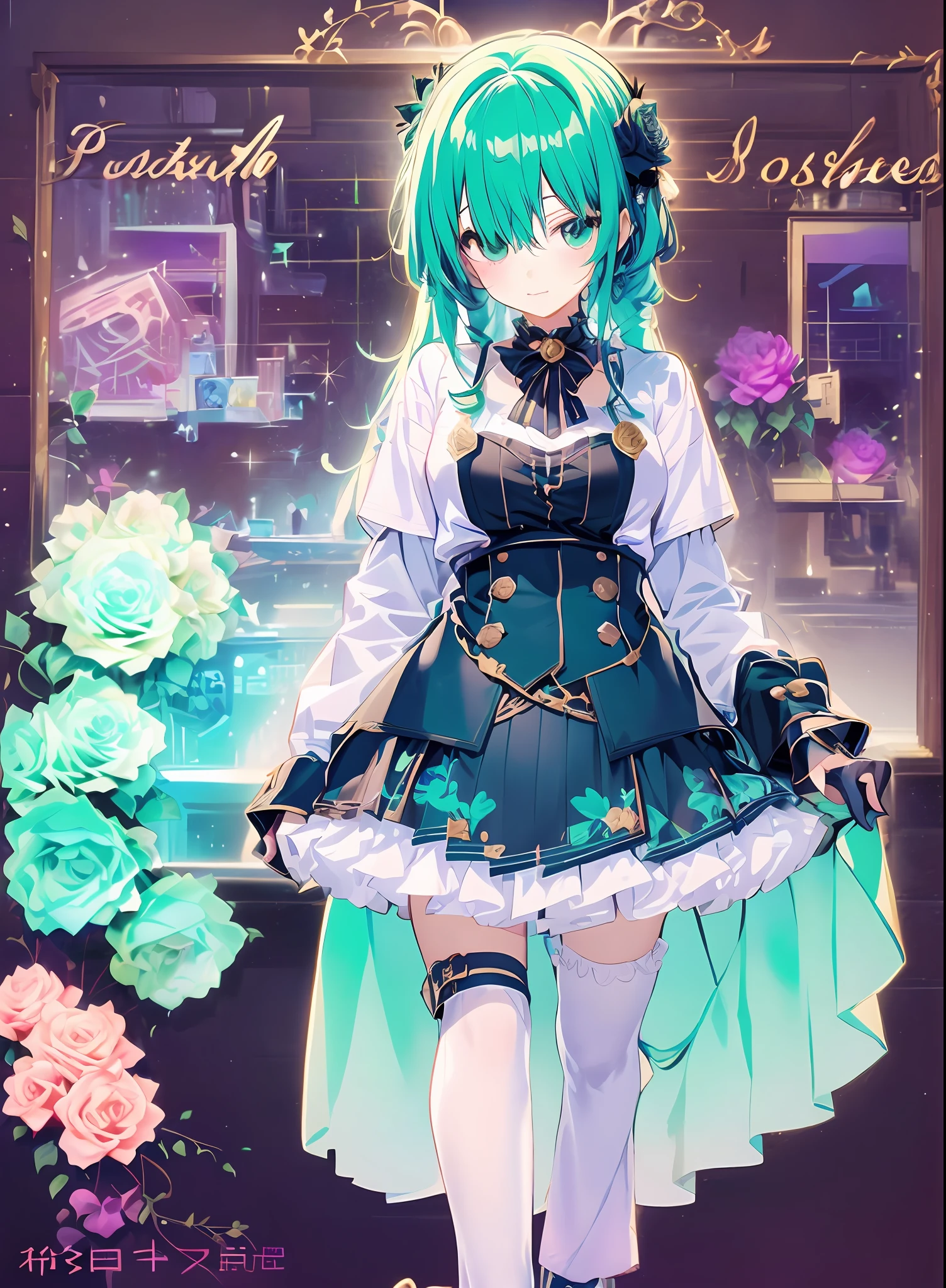 Hatsune Miku、🎸、((Konmutsuki_gacha_serie1, punk_Rosetón))), niña bonita, flores color aguamarina, (cuerpo completo), fondo de flores elegantes