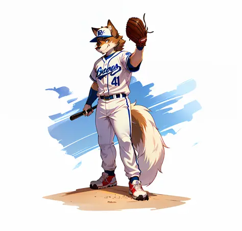 1male furry，youth，thin body type，male wolfdog，shaggy，fluffy tail，claws，baseball uniforms，baseball cap，baseball pants，baseball at...