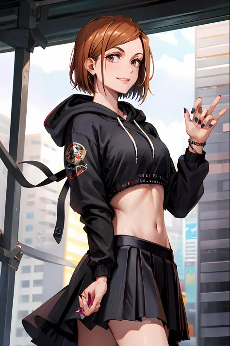 1girl, beautiful NobaraJK, long_sleeves, hood, hood_down, hoodie, skirt, smile, cropped_hoodie, navel, crop_top, nail_polish, st...