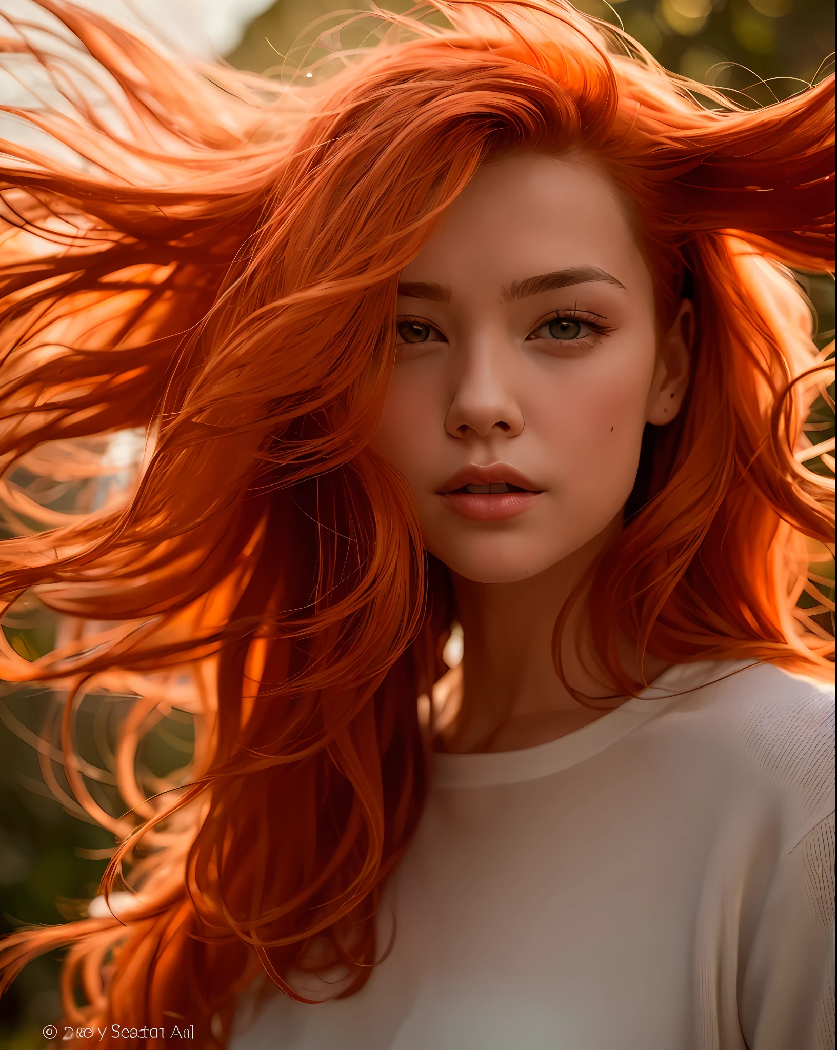 A close up of a woman with red hair and a white shirt - SeaArt AI